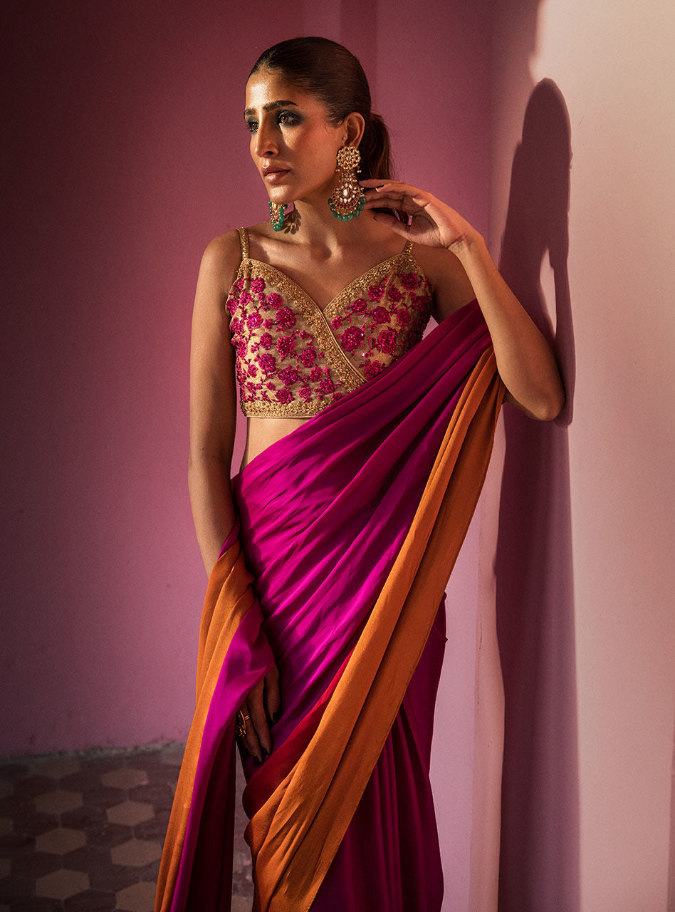 Pakistani Fuchsia Orange Embroidered Silk Saree (2-Piece) - Image 2