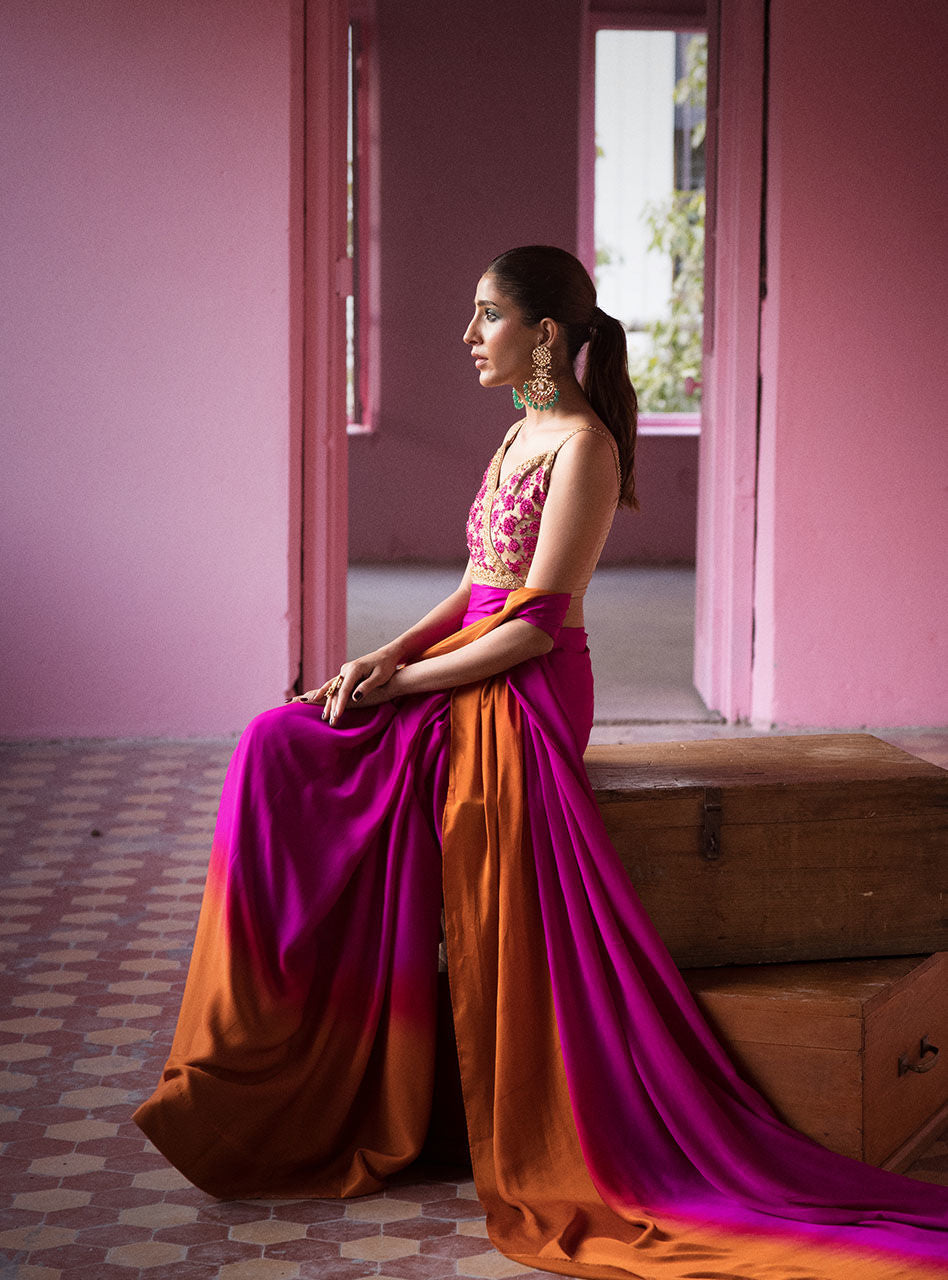 Pakistani Fuchsia Orange Embroidered Silk Saree (2-Piece) - Image 4