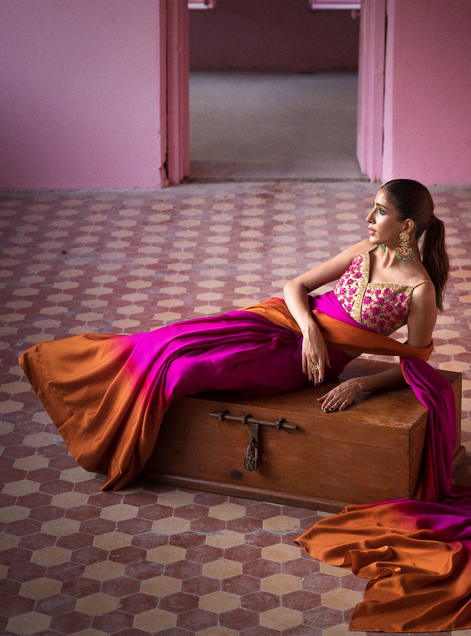 Pakistani Fuchsia Orange Embroidered Silk Saree (2-Piece) - Image 5