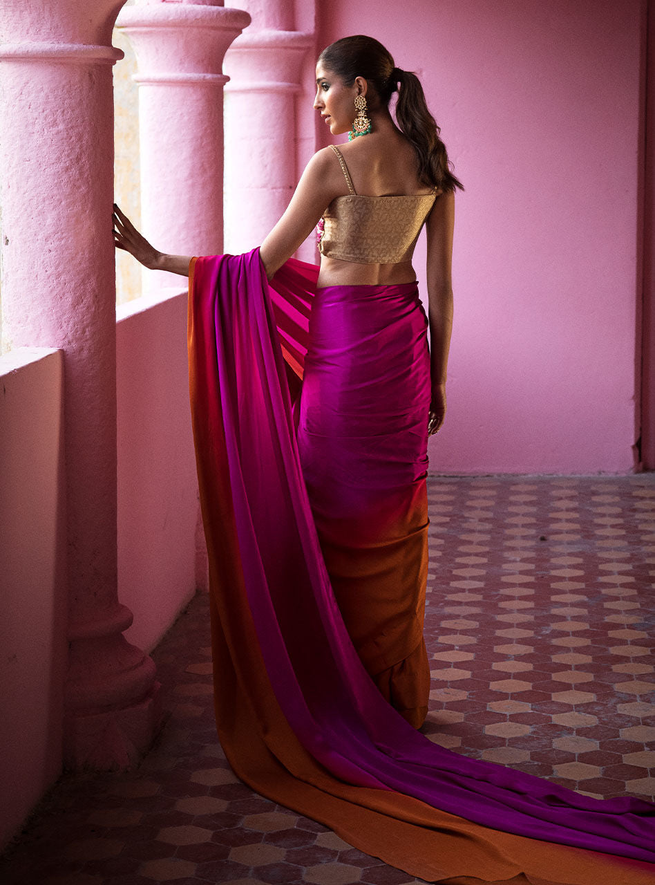 Pakistani Fuchsia Orange Embroidered Silk Saree (2-Piece) - Image 6