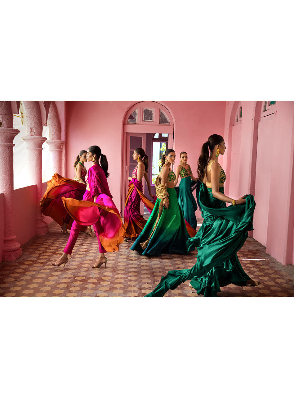 Pakistani Fuchsia Orange Embroidered Silk Saree (2-Piece) - Image 8