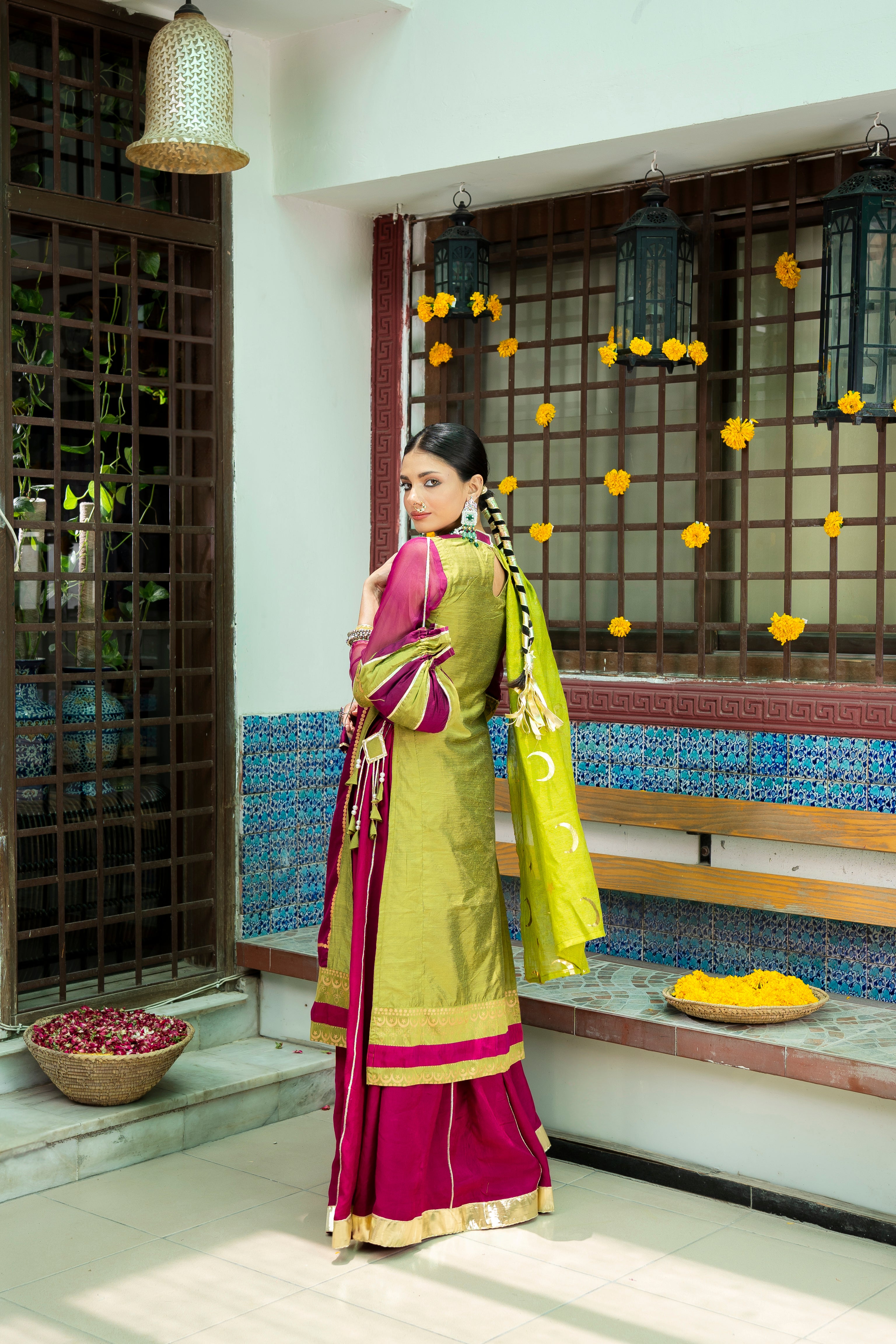 Magenta & Olive Embellished Banarsi Cotton Silk Sharara (3-Piece) - Image 1