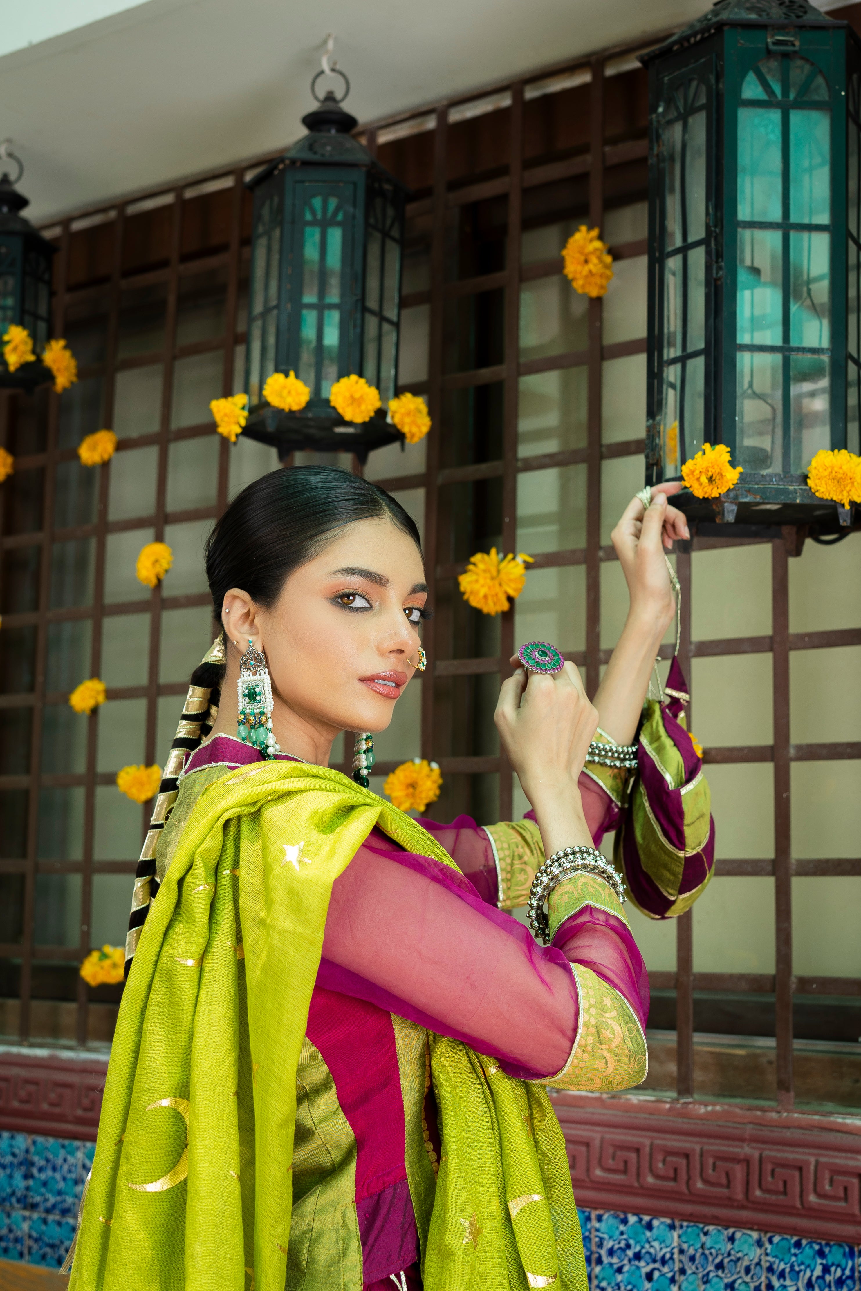 Magenta & Olive Embellished Banarsi Cotton Silk Sharara (3-Piece) - Image 2