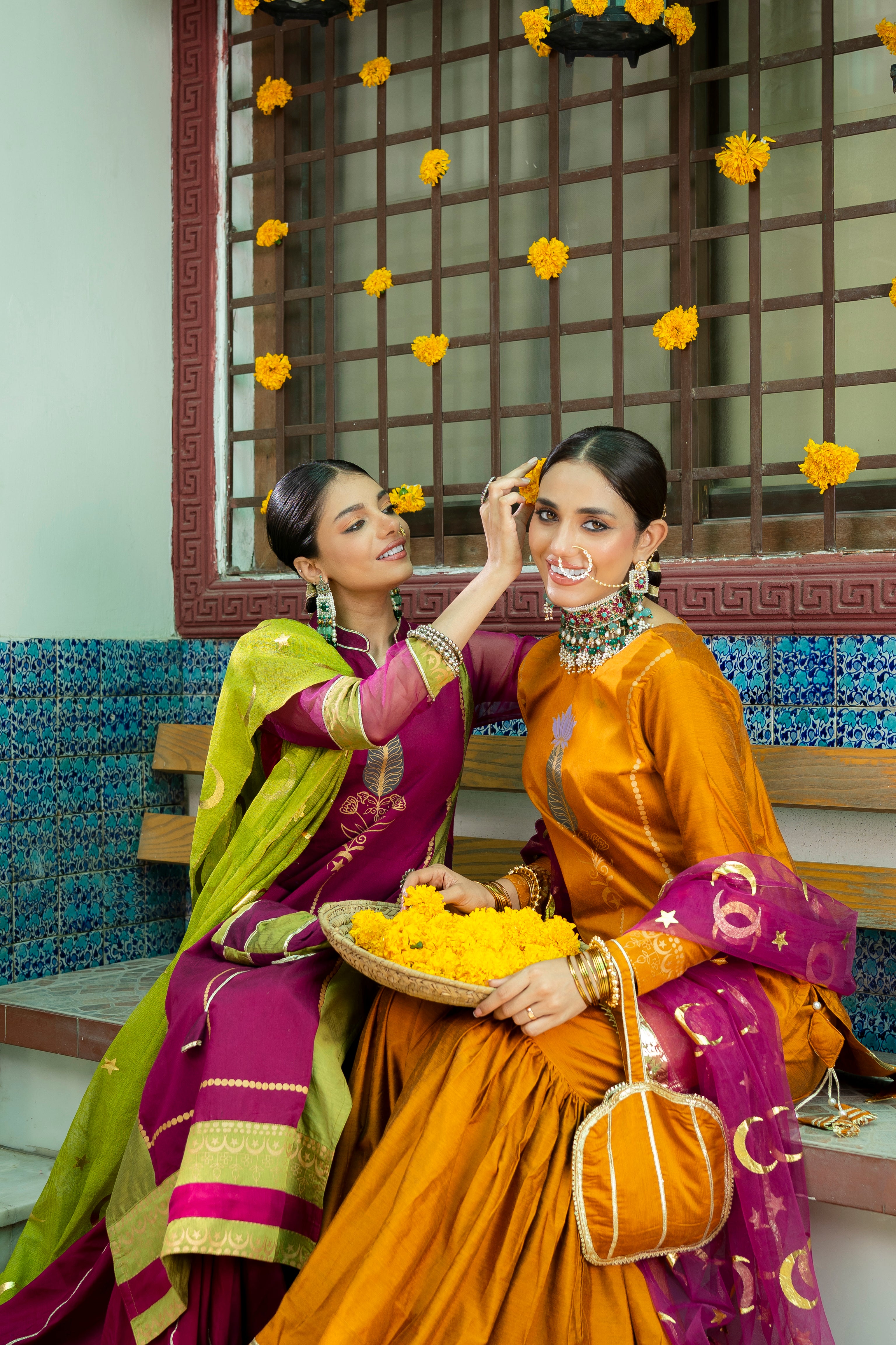 Magenta & Olive Embellished Banarsi Cotton Silk Sharara (3-Piece) - Image 3