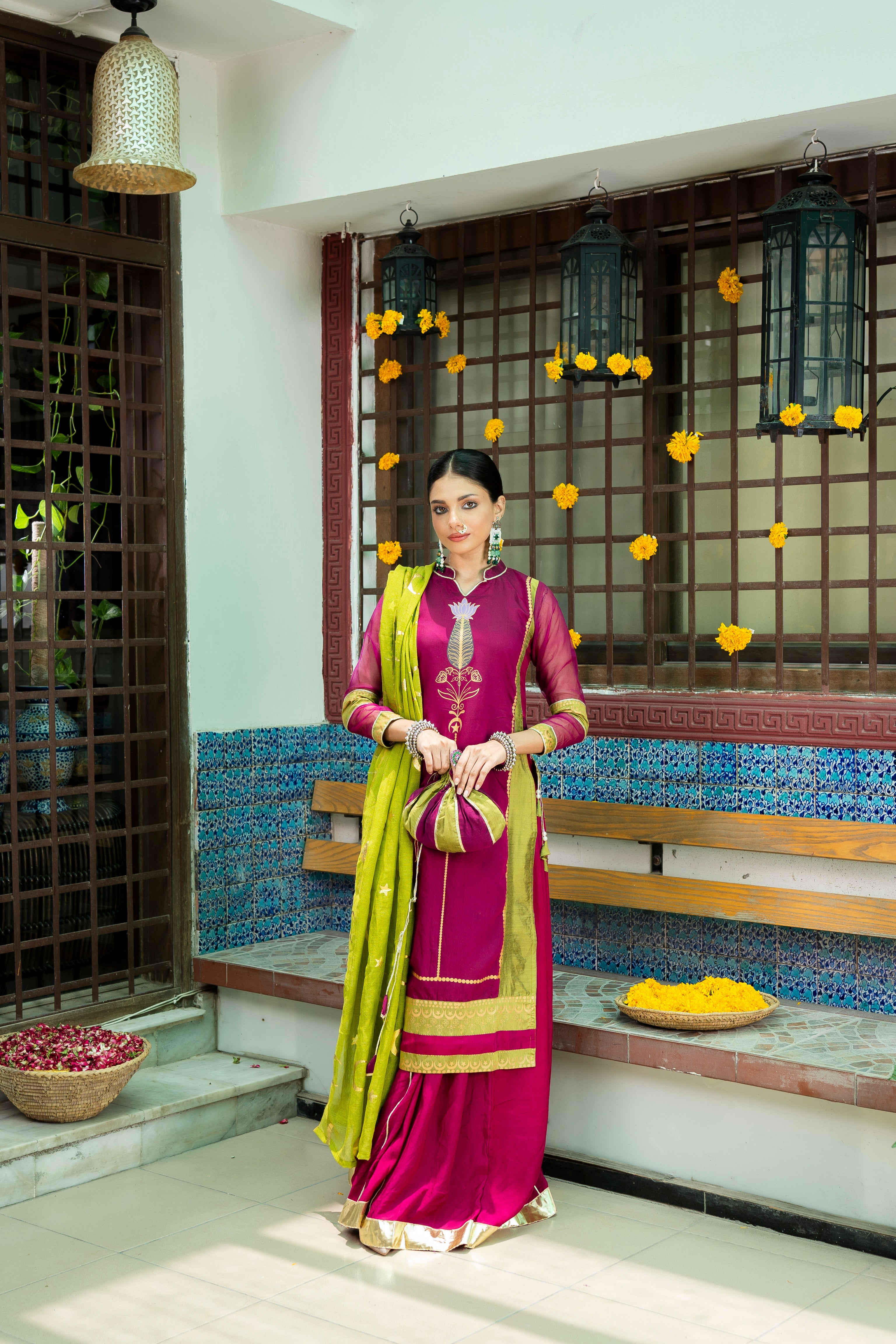 Magenta & Olive Embellished Banarsi Cotton Silk Sharara (3-Piece) - Image 4