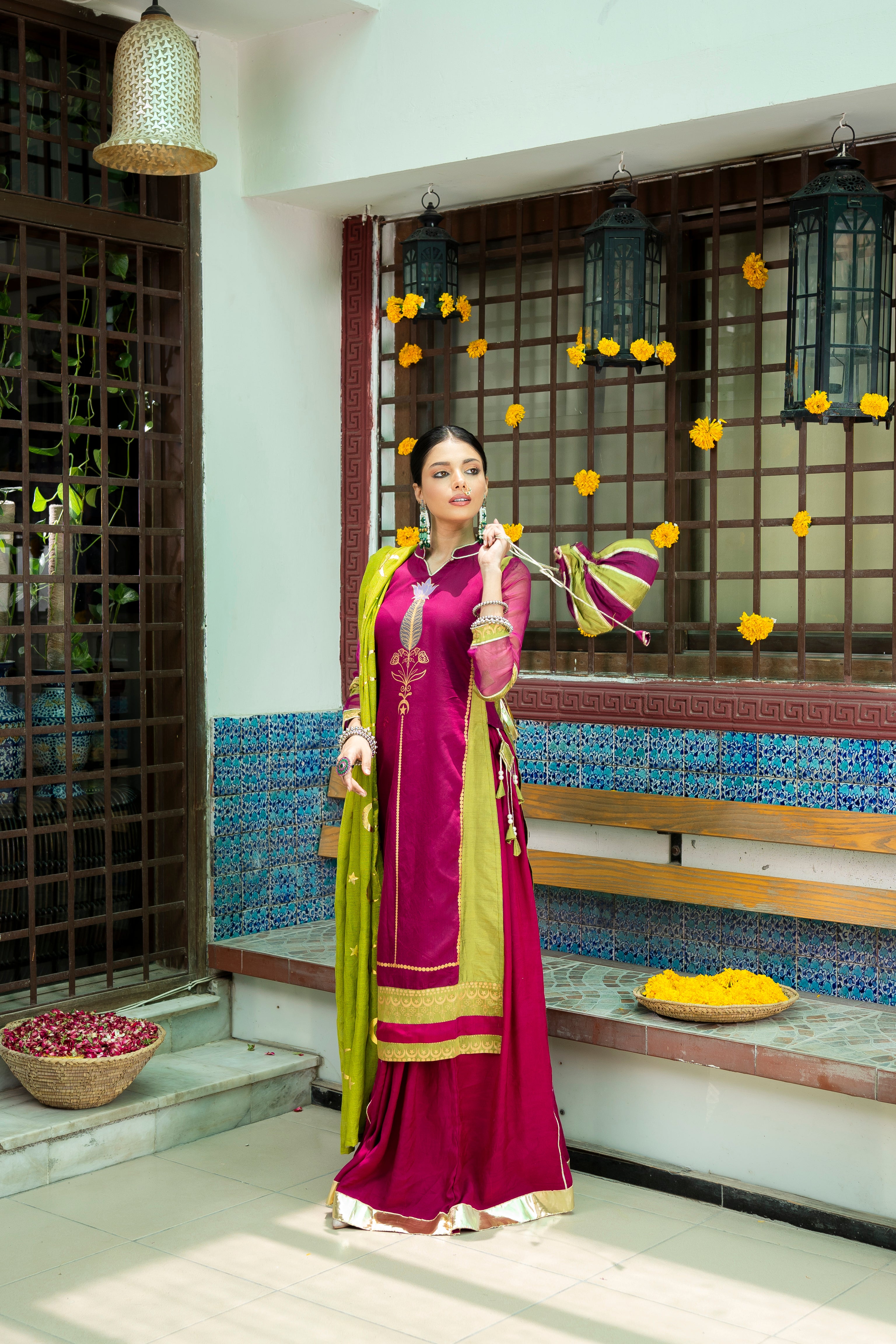 Magenta & Olive Embellished Banarsi Cotton Silk Sharara (3-Piece) - Image 5