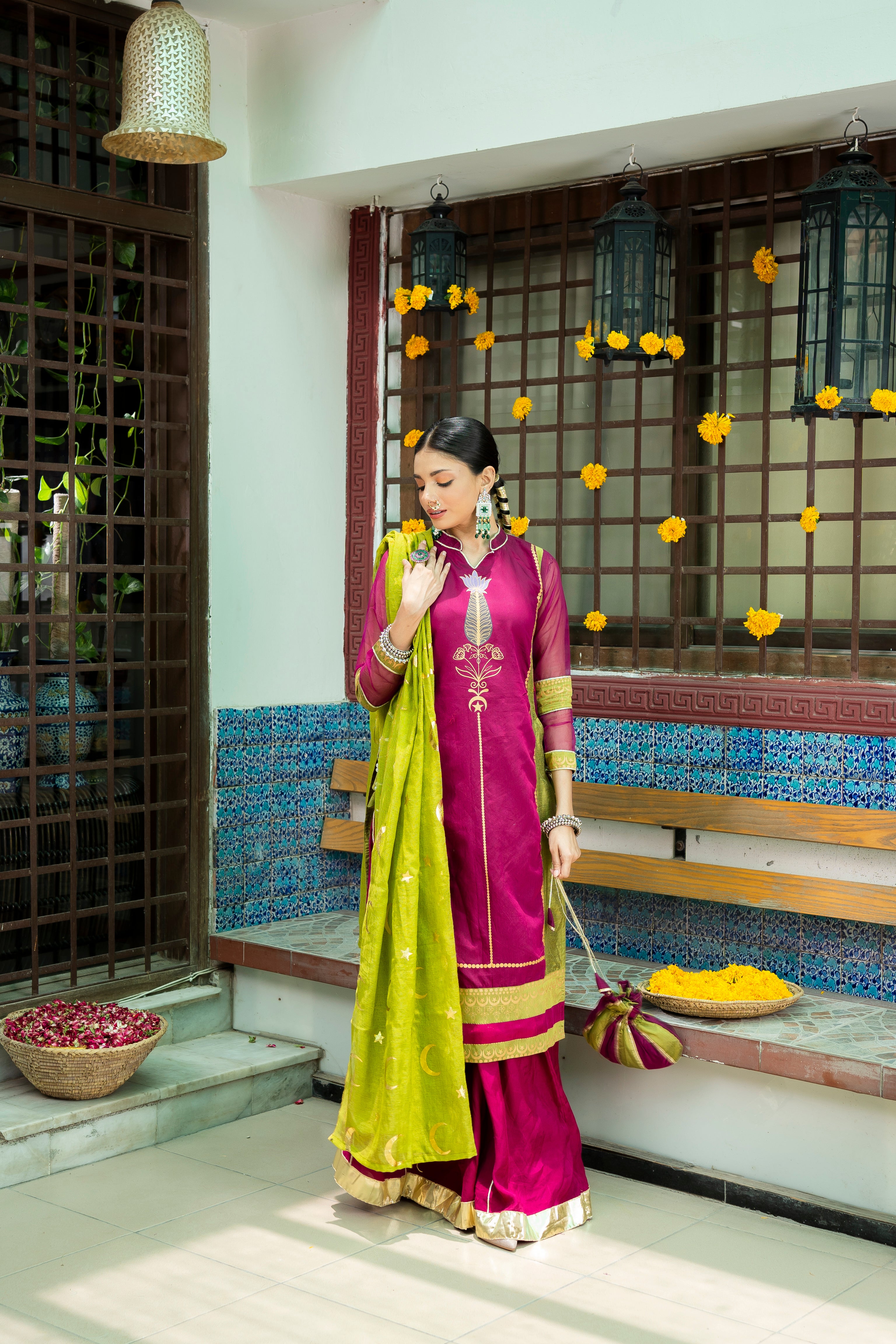 Magenta & Olive Embellished Banarsi Cotton Silk Sharara (3-Piece) - Image 6