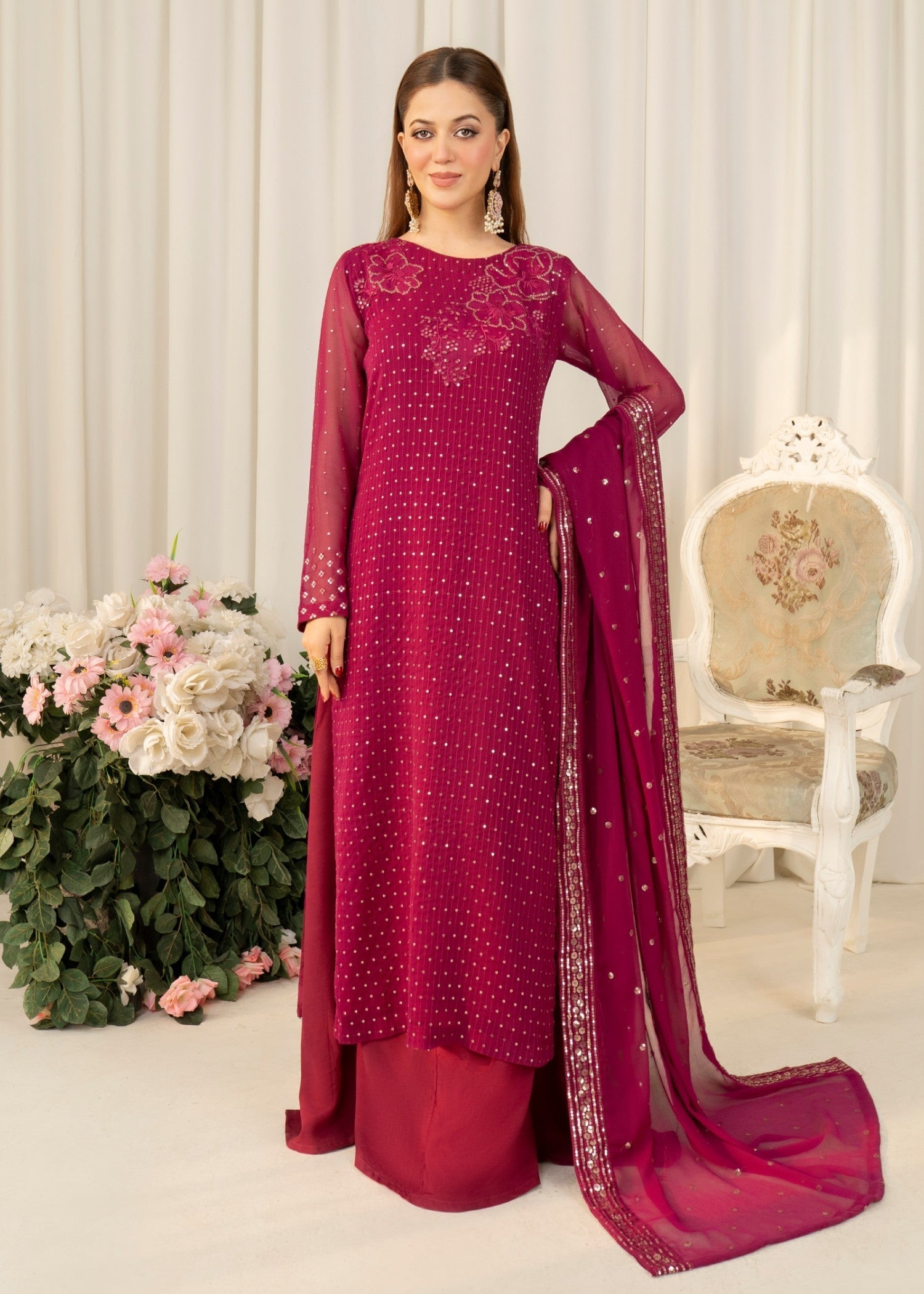 Hot Pink Embroidered Chiffon Sharara (3-Piece) - Image 1