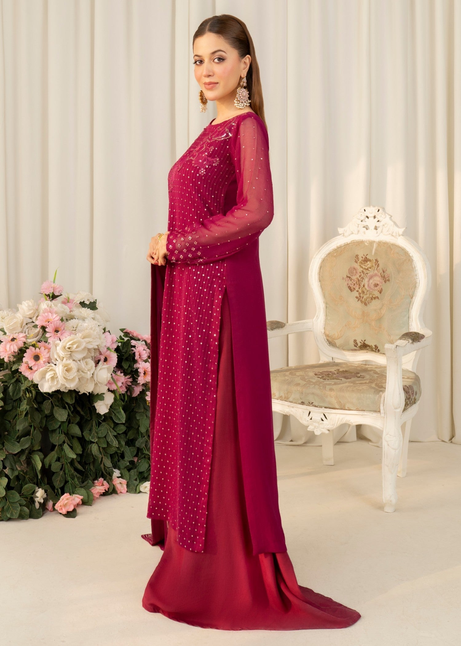 Hot Pink Embroidered Chiffon Sharara (3-Piece) - Image 2
