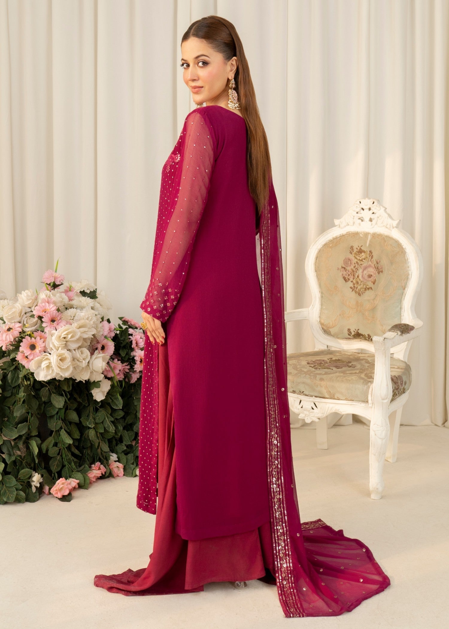 Hot Pink Embroidered Chiffon Sharara (3-Piece) - Image 3