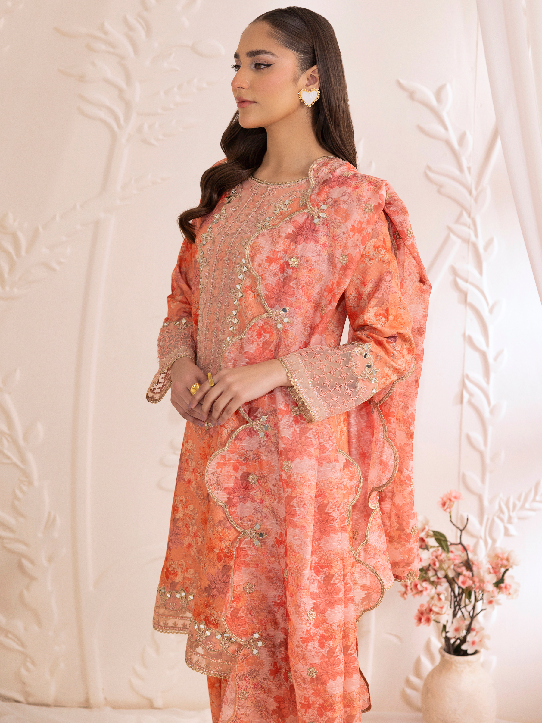 Pakistani Peach Floral Embroidered Cotton Sharara Set (3-Piece) - Image 10
