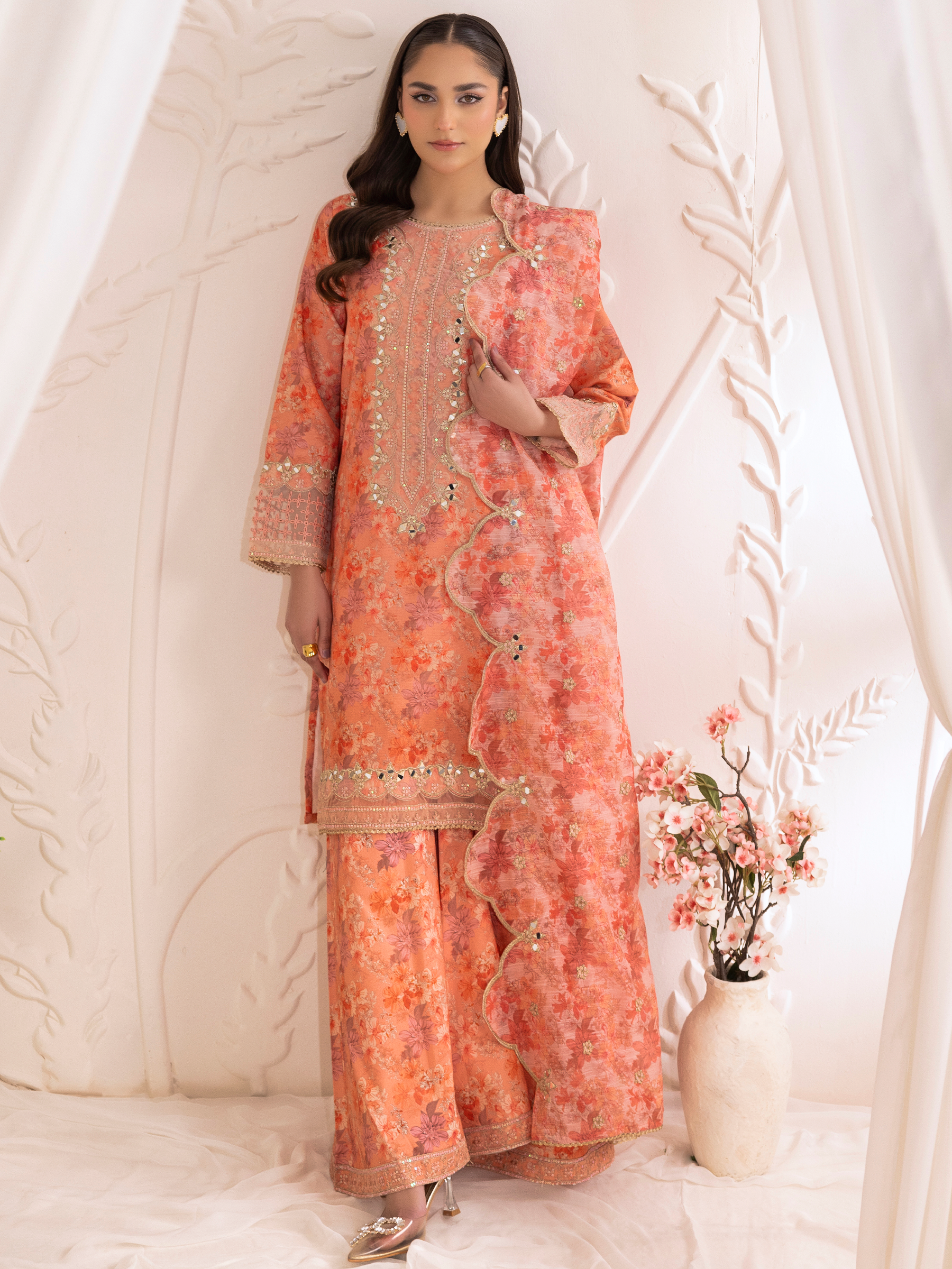 Pakistani Peach Floral Embroidered Cotton Sharara Set (3-Piece) - Image 11