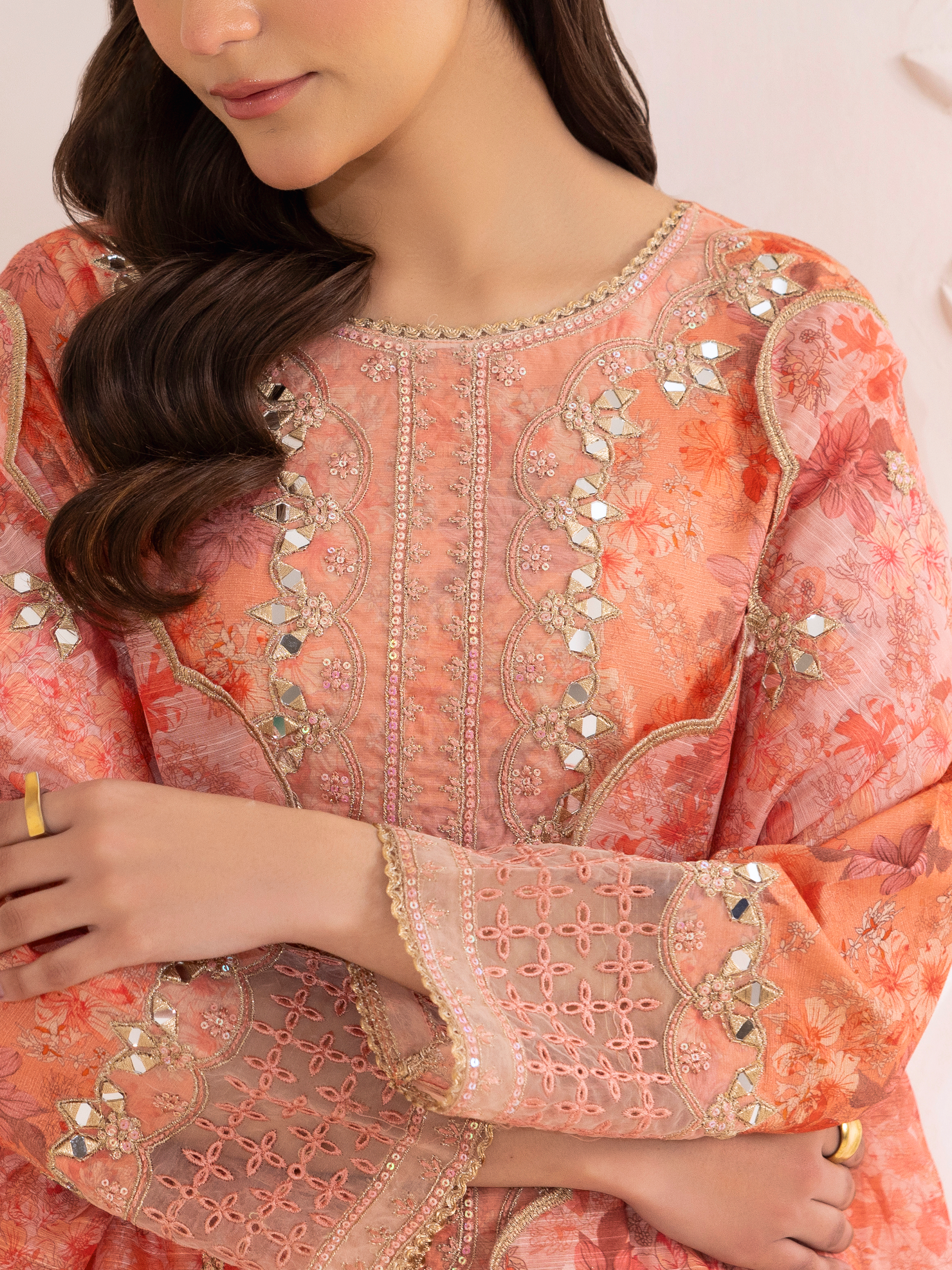 Pakistani Peach Floral Embroidered Cotton Sharara Set (3-Piece) - Image 13