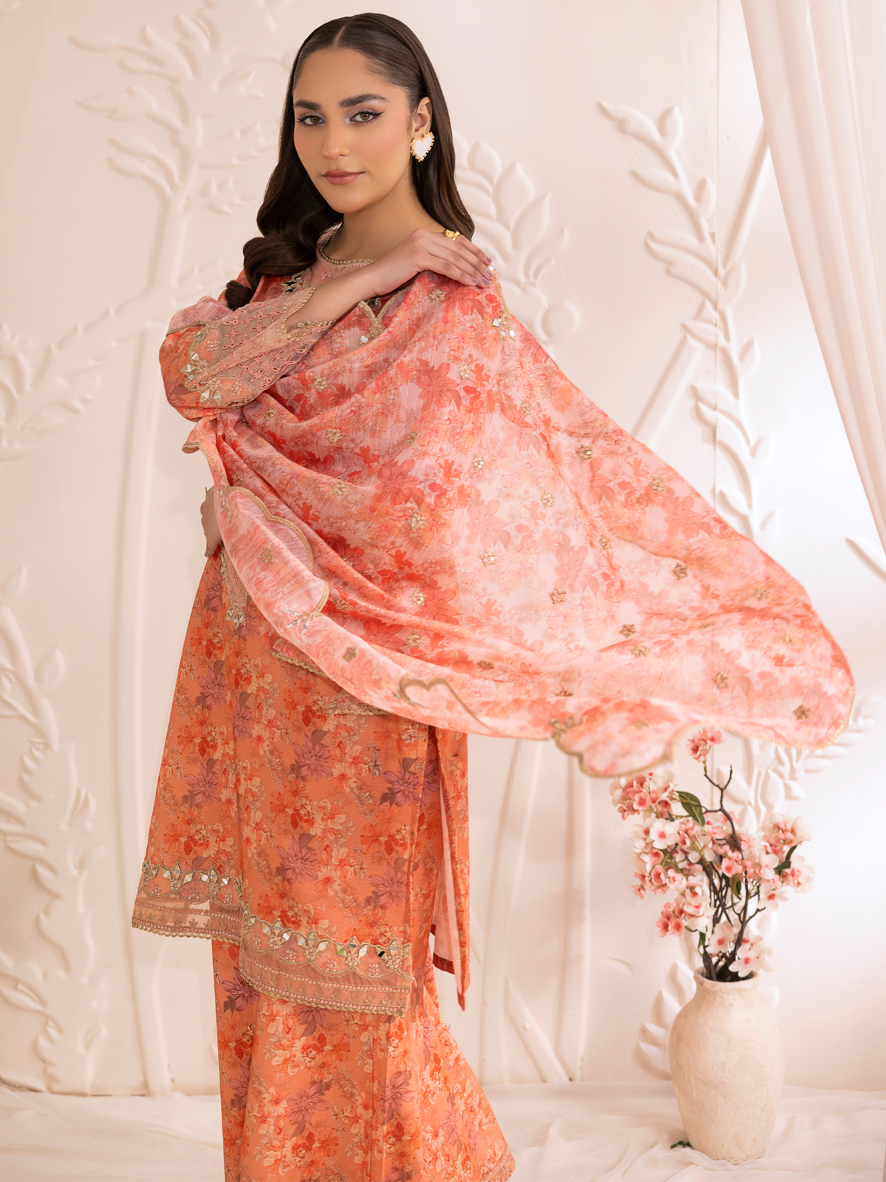 Pakistani Peach Floral Embroidered Cotton Sharara Set (3-Piece) - Image 14