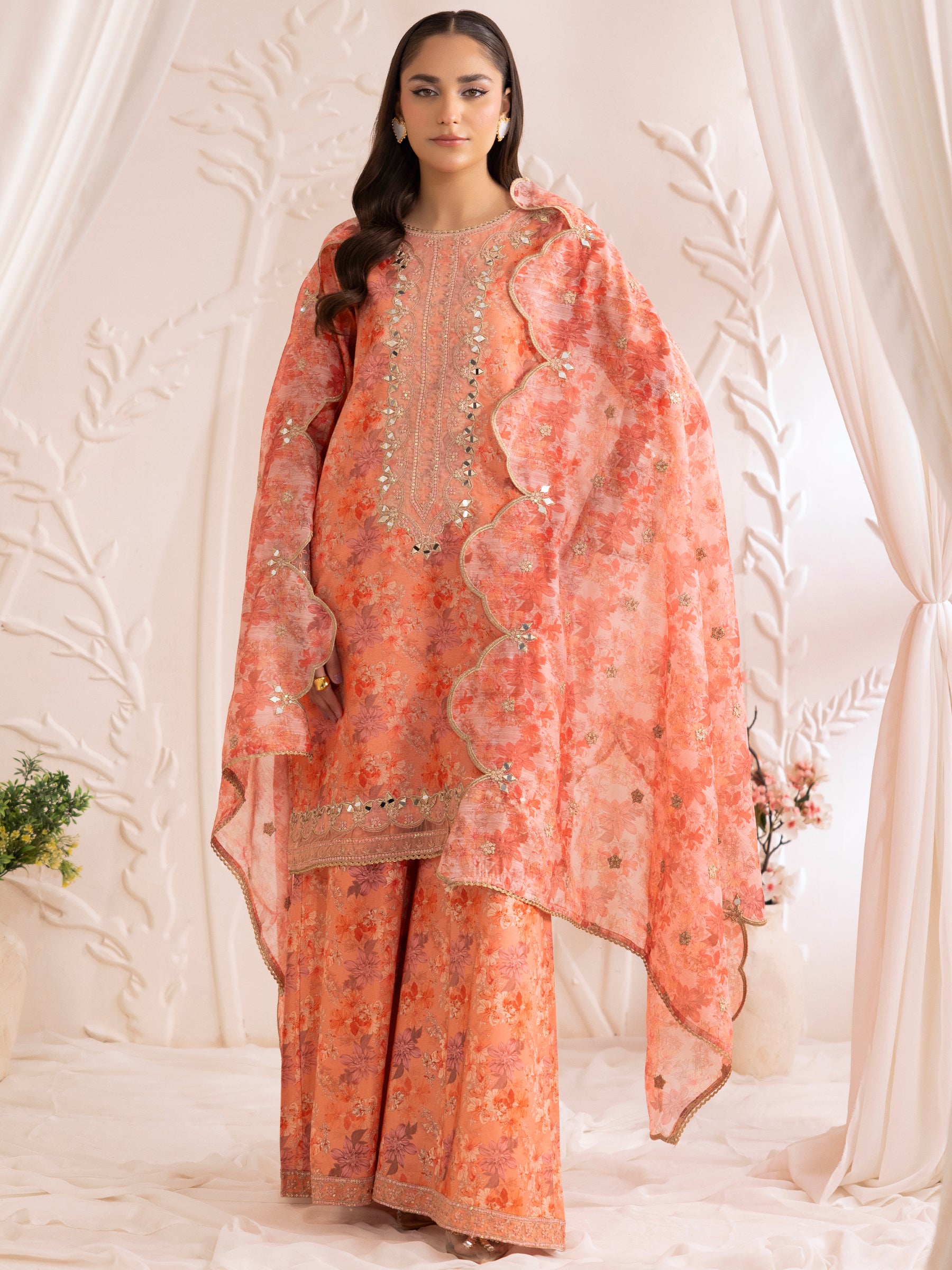 Pakistani Peach Floral Embroidered Cotton Sharara Set (3-Piece) - Image 2