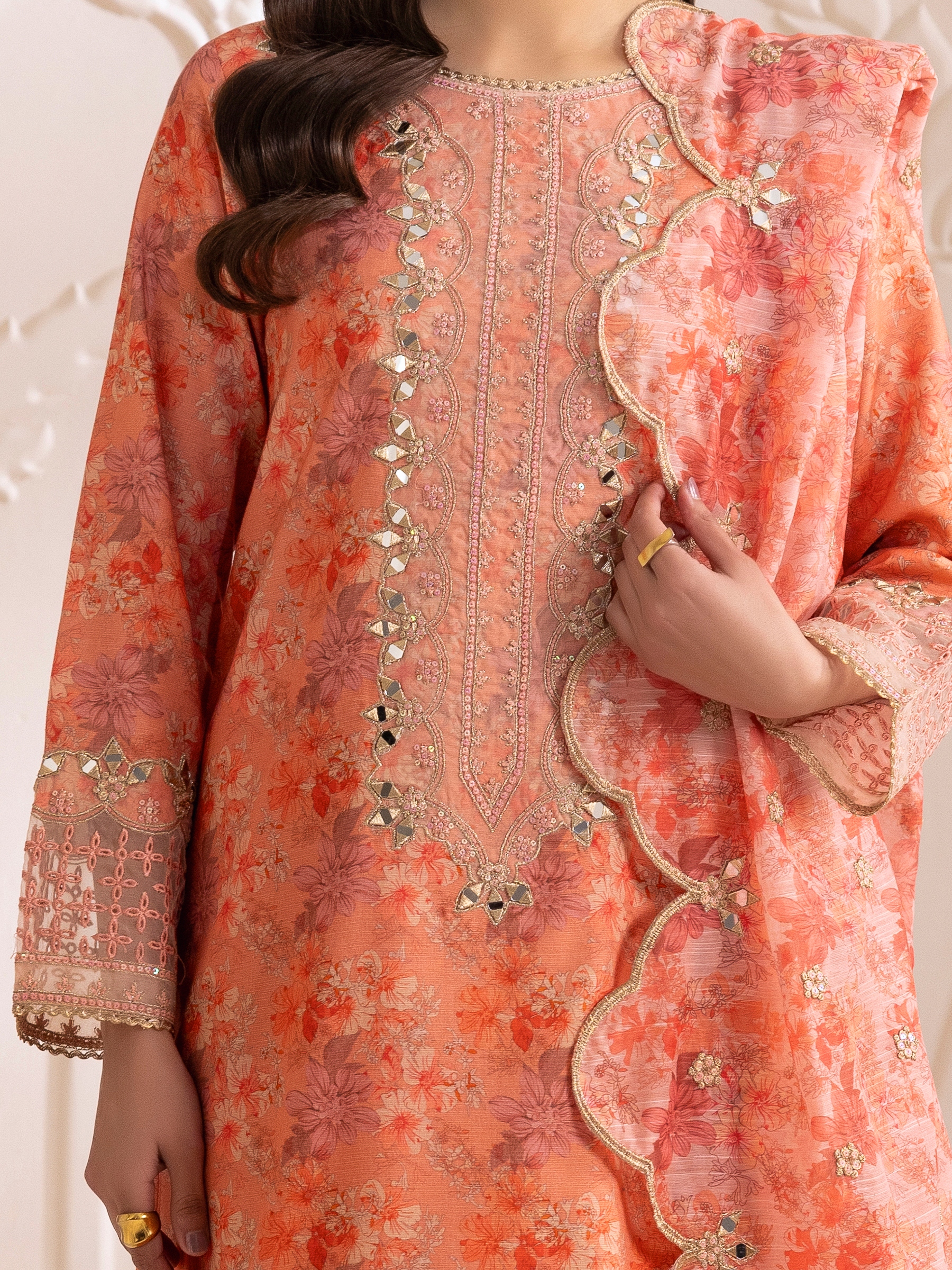 Pakistani Peach Floral Embroidered Cotton Sharara Set (3-Piece) - Image 3