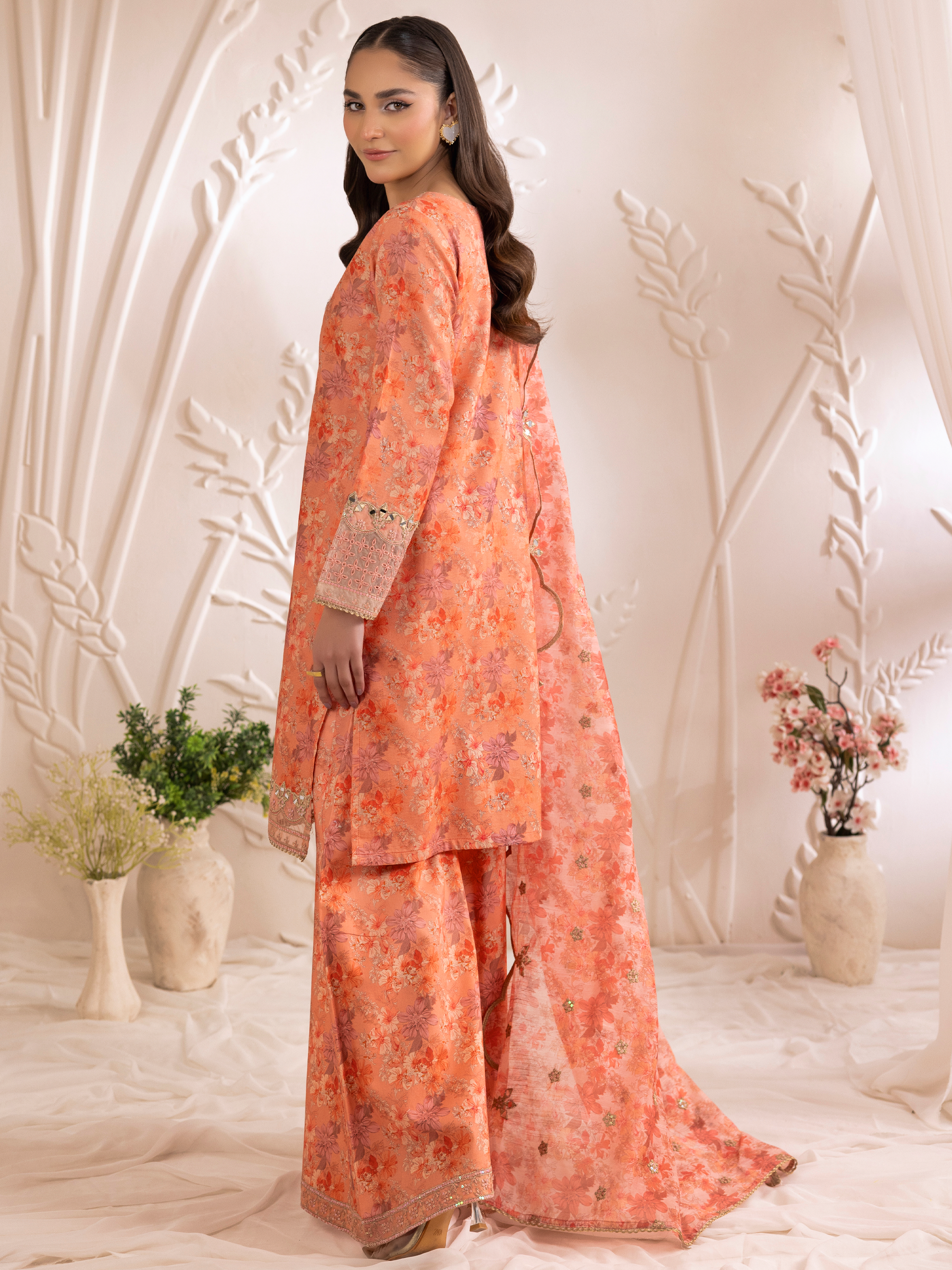 Pakistani Peach Floral Embroidered Cotton Sharara Set (3-Piece) - Image 4