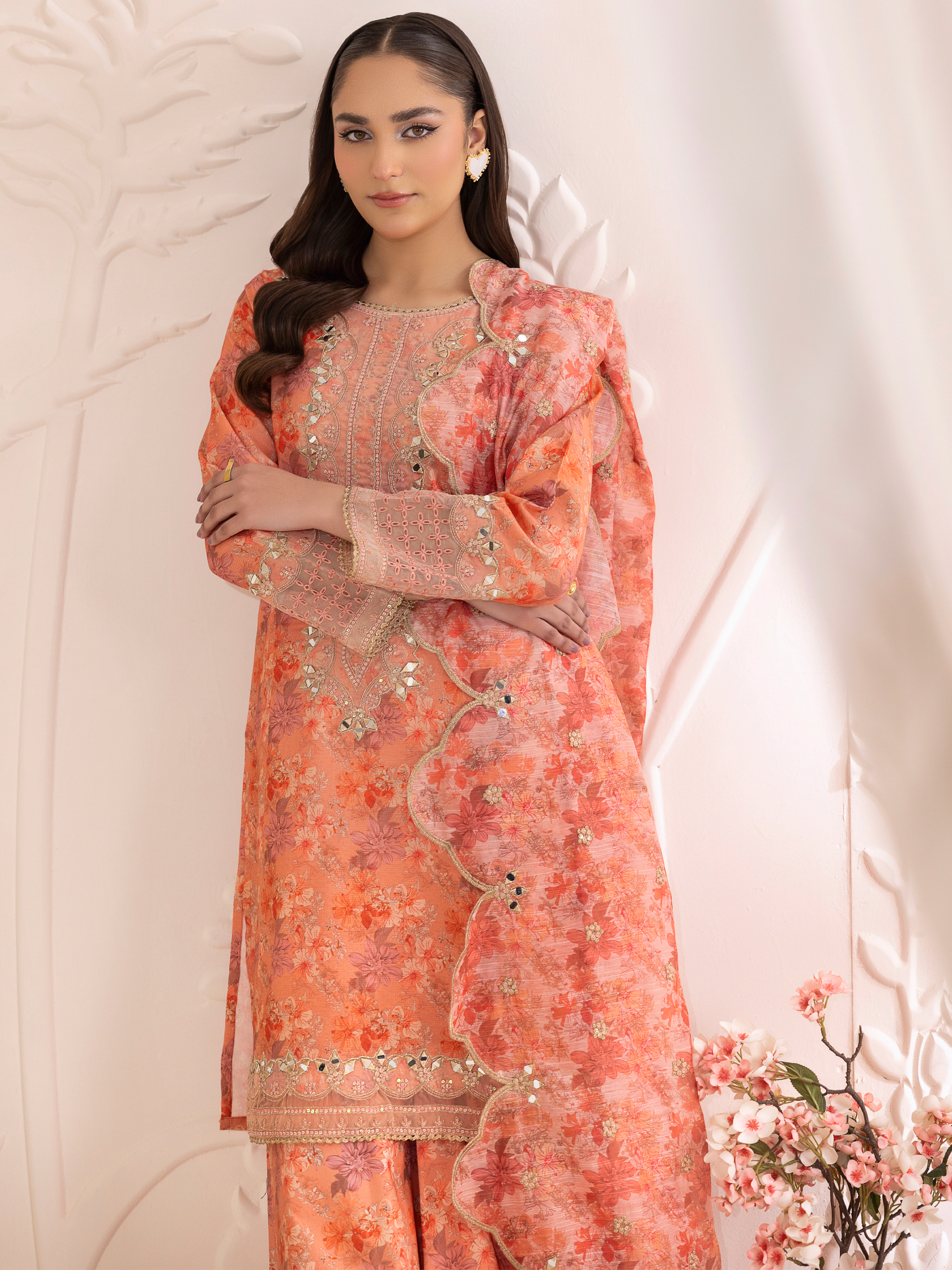 Pakistani Peach Floral Embroidered Cotton Sharara Set (3-Piece) - Image 5