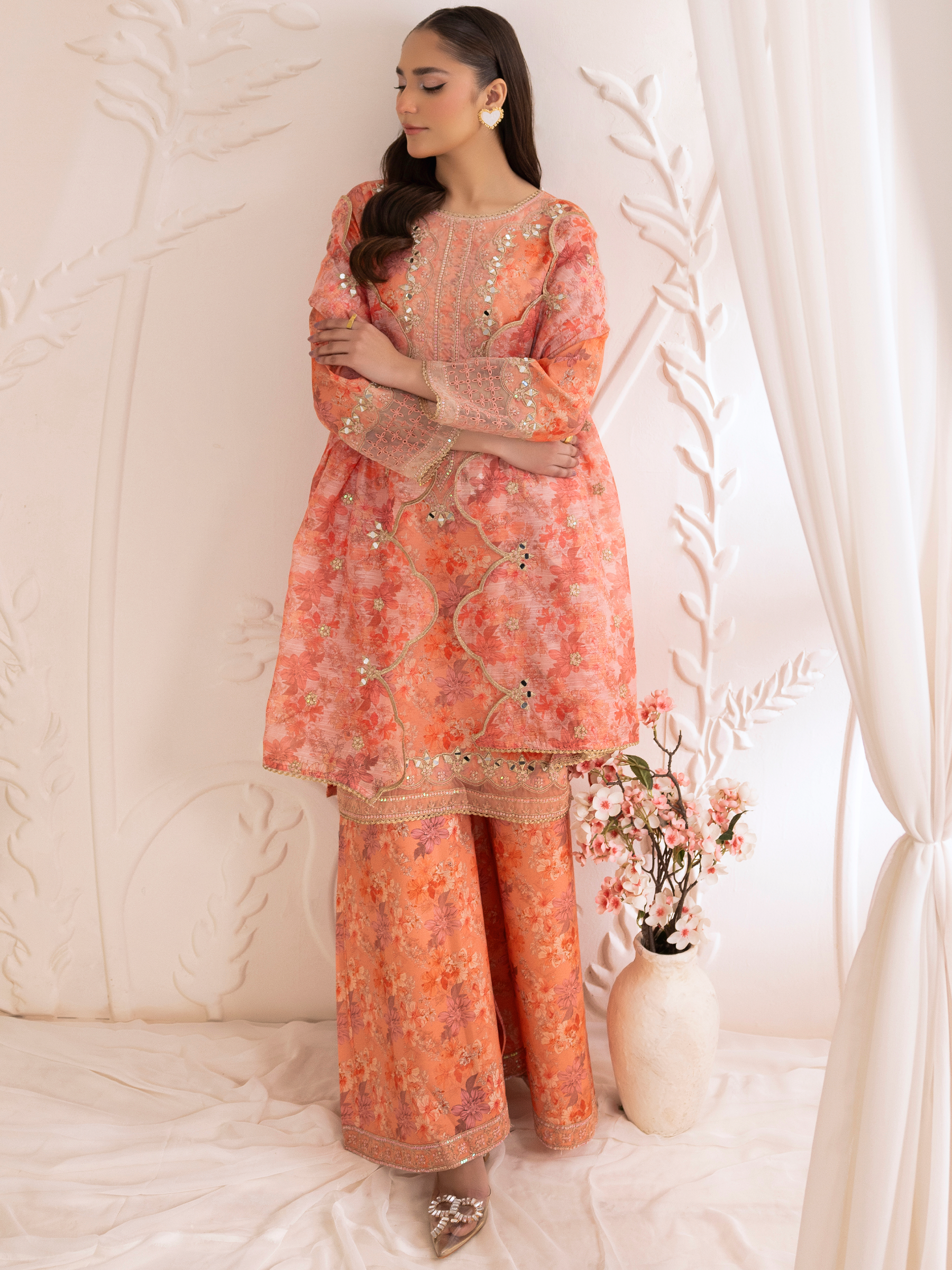 Pakistani Peach Floral Embroidered Cotton Sharara Set (3-Piece) - Image 8