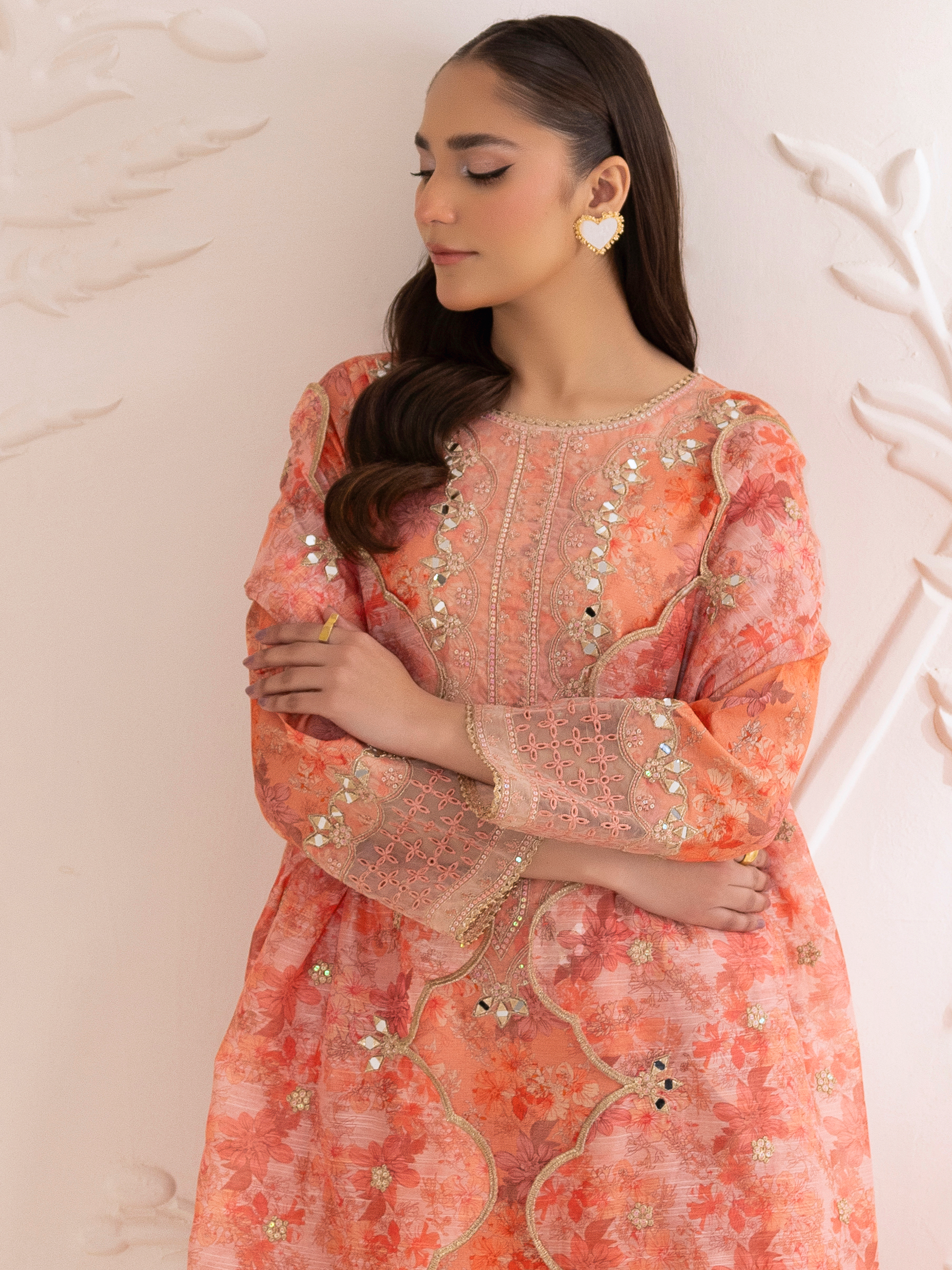Pakistani Peach Floral Embroidered Cotton Sharara Set (3-Piece) - Image 9