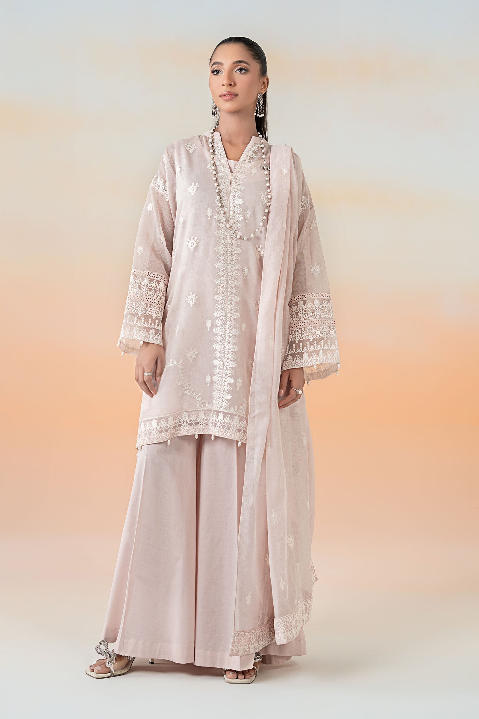 Pastel Pink Embroidered Cotton Net Sharara (3-Piece) - Image 1
