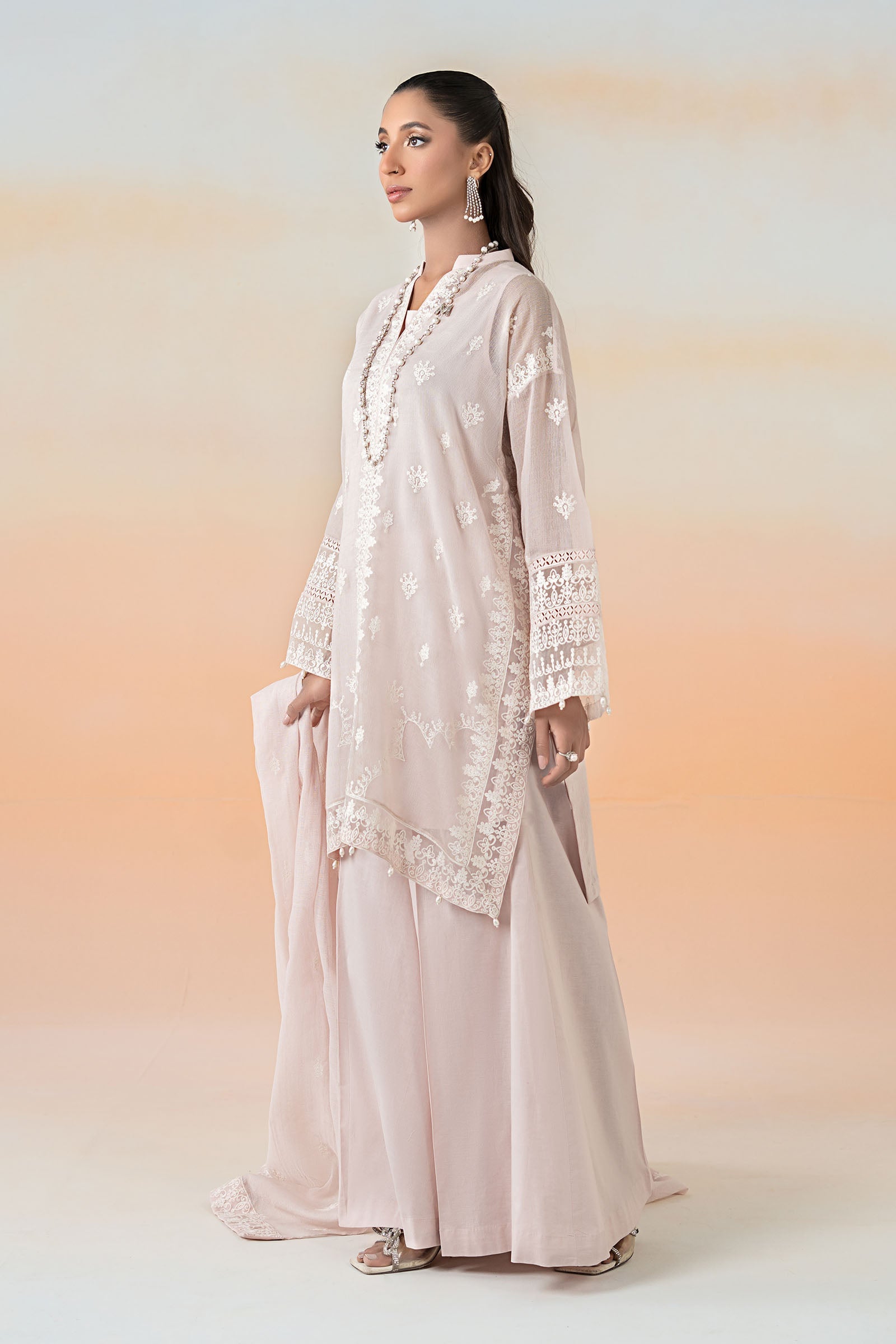 Pastel Pink Embroidered Cotton Net Sharara (3-Piece) - Image 4