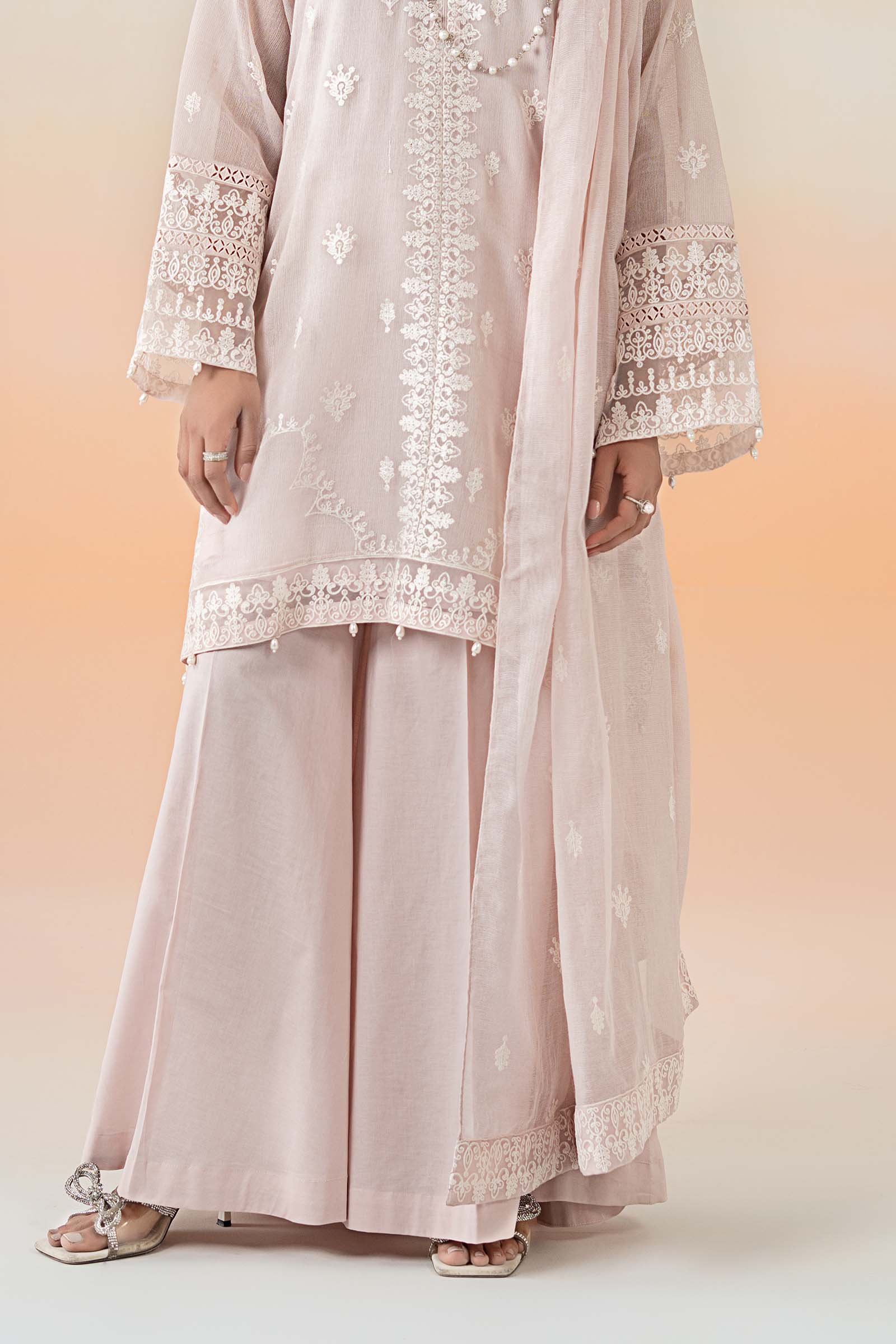 Pastel Pink Embroidered Cotton Net Sharara (3-Piece) - Image 6