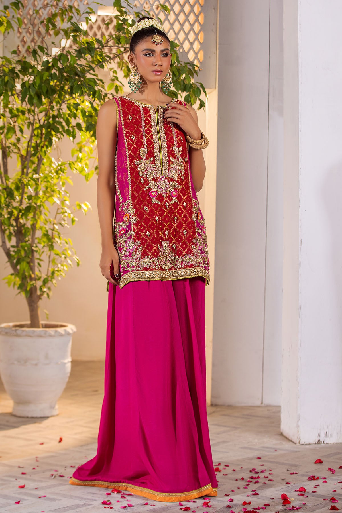 Hot Pink Embroidered Cotton Net & Silk Sharara (2-Piece) - Image 1