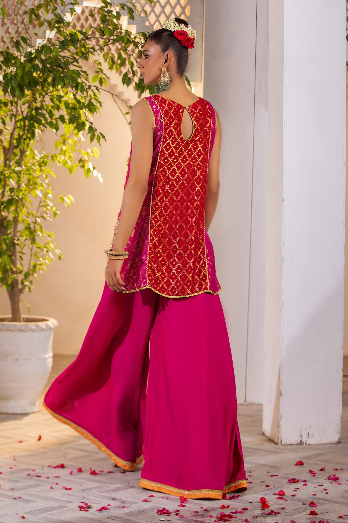 Hot Pink Embroidered Cotton Net & Silk Sharara (2-Piece) - Image 2