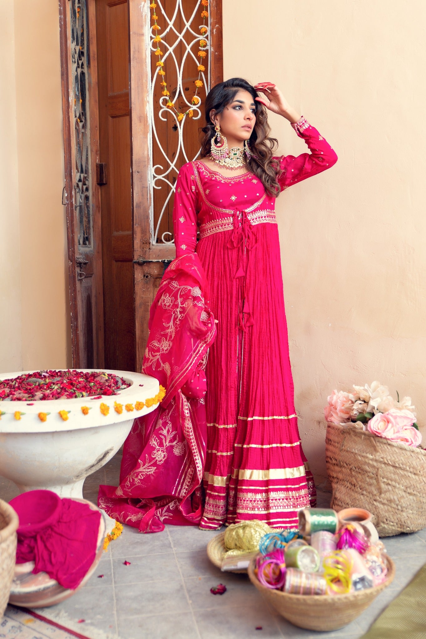 Fuchsia Embroidered Cotton Silk Anarkali Sharara (4-Piece) - Image 1