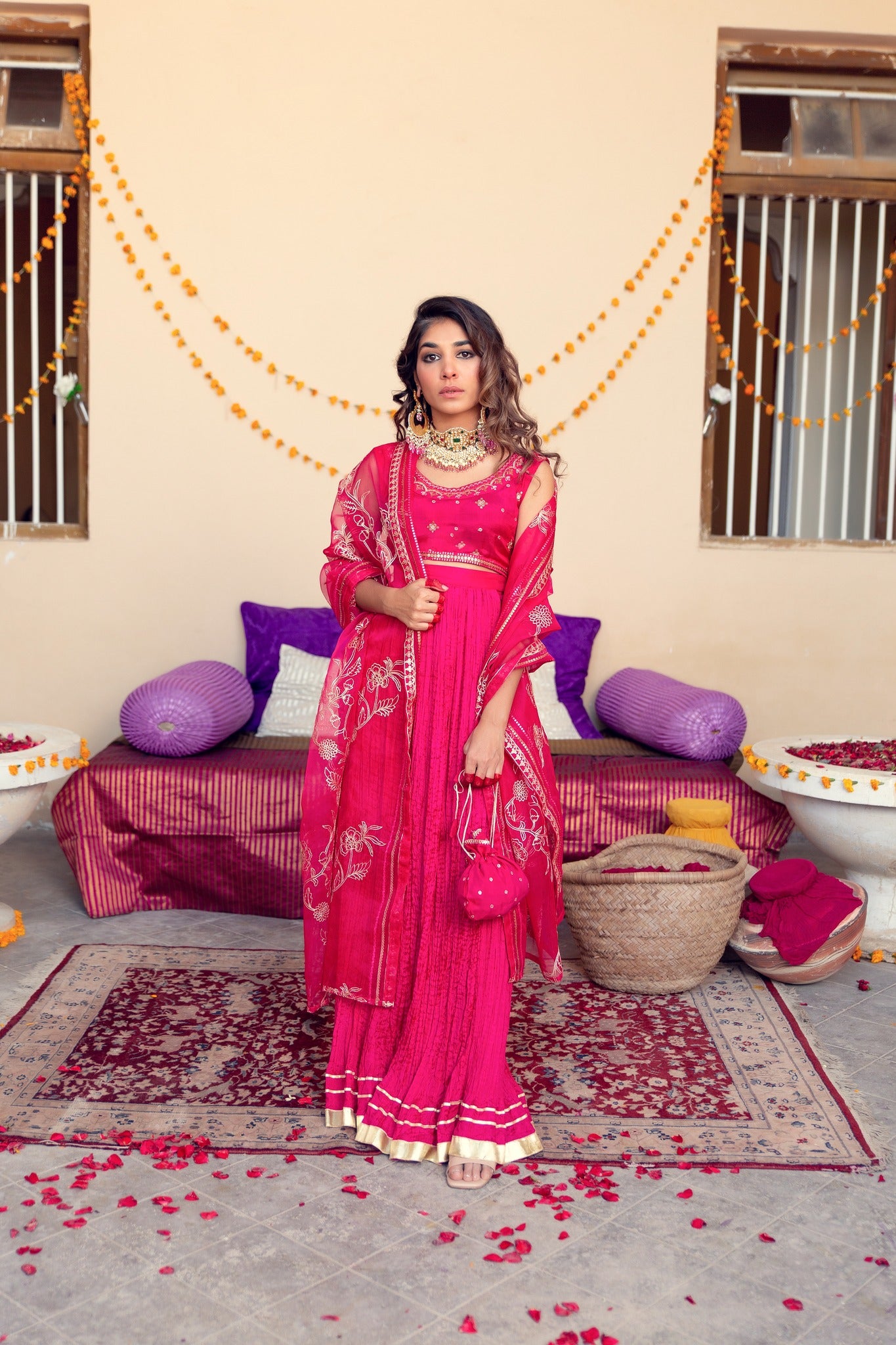 Fuchsia Embroidered Cotton Silk Anarkali Sharara (4-Piece) - Image 2