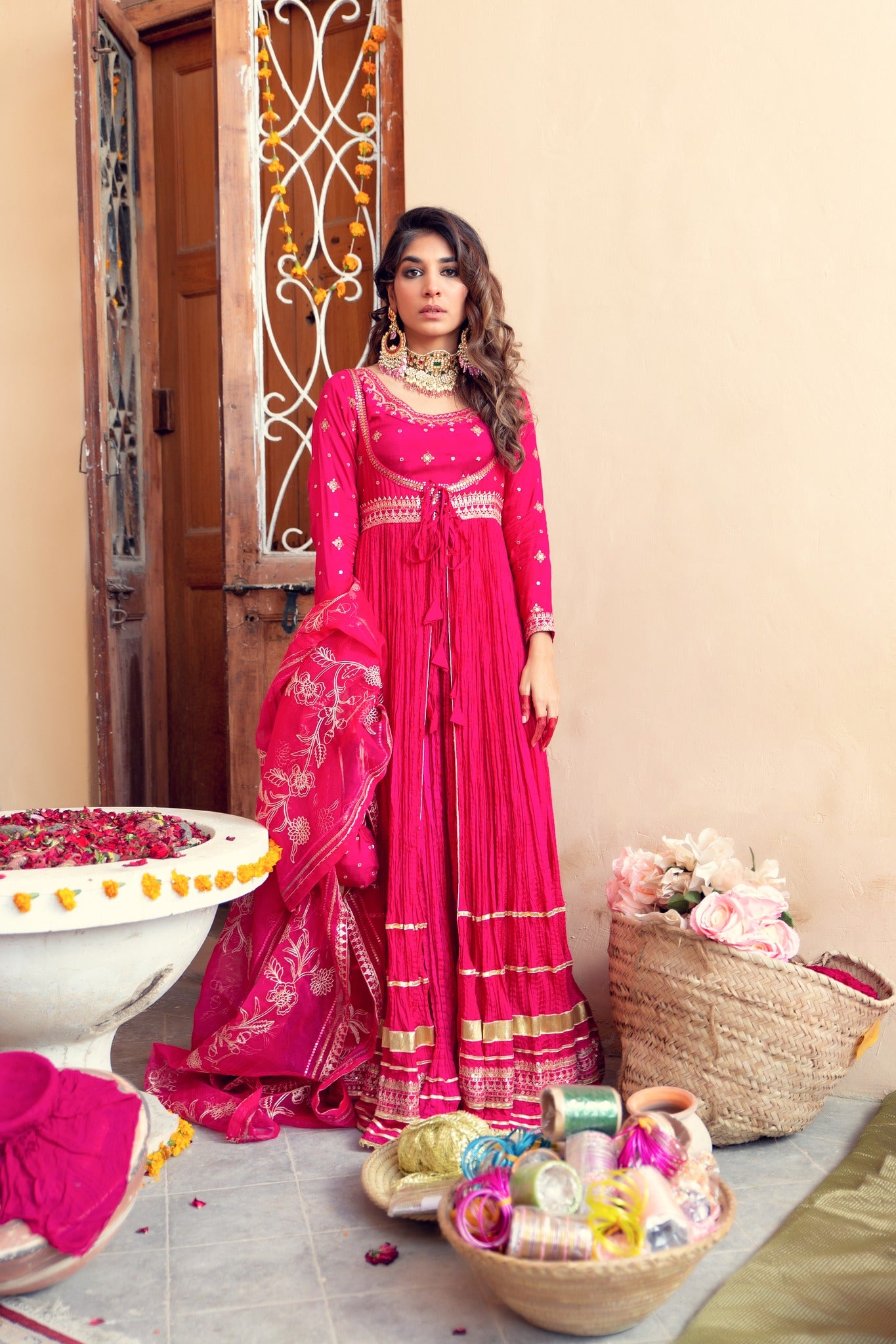 Fuchsia Embroidered Cotton Silk Anarkali Sharara (4-Piece) - Image 3