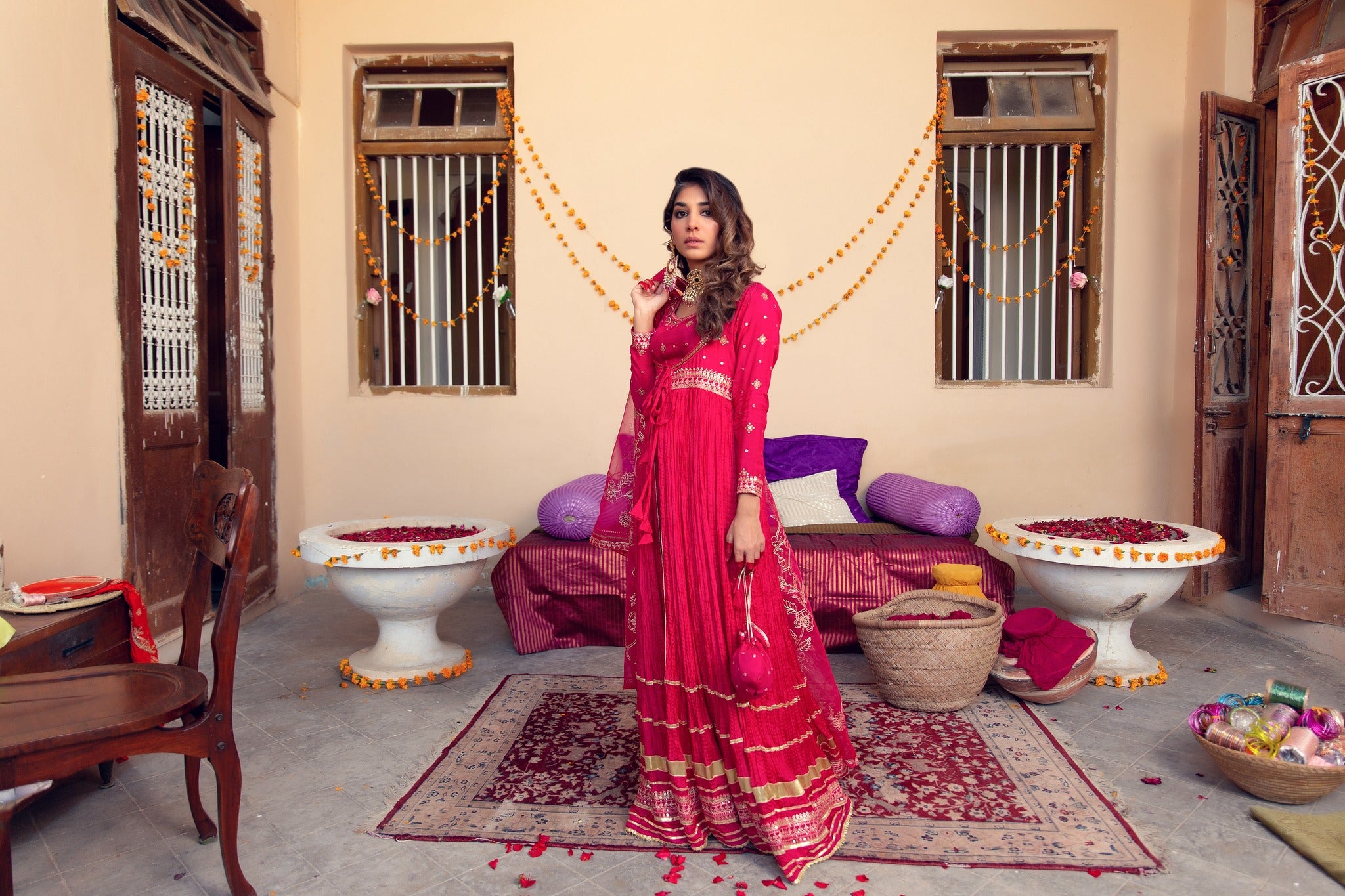 Fuchsia Embroidered Cotton Silk Anarkali Sharara (4-Piece) - Image 4