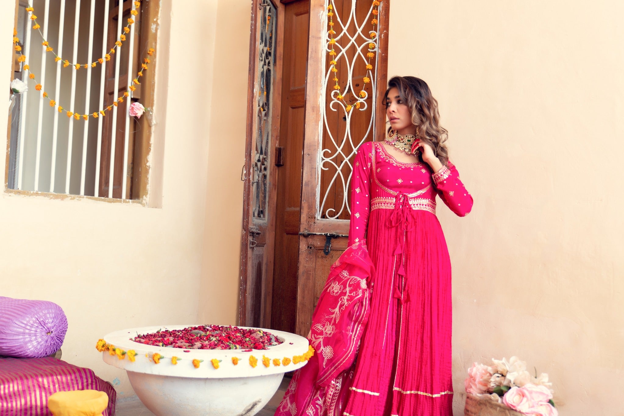 Fuchsia Embroidered Cotton Silk Anarkali Sharara (4-Piece) - Image 5