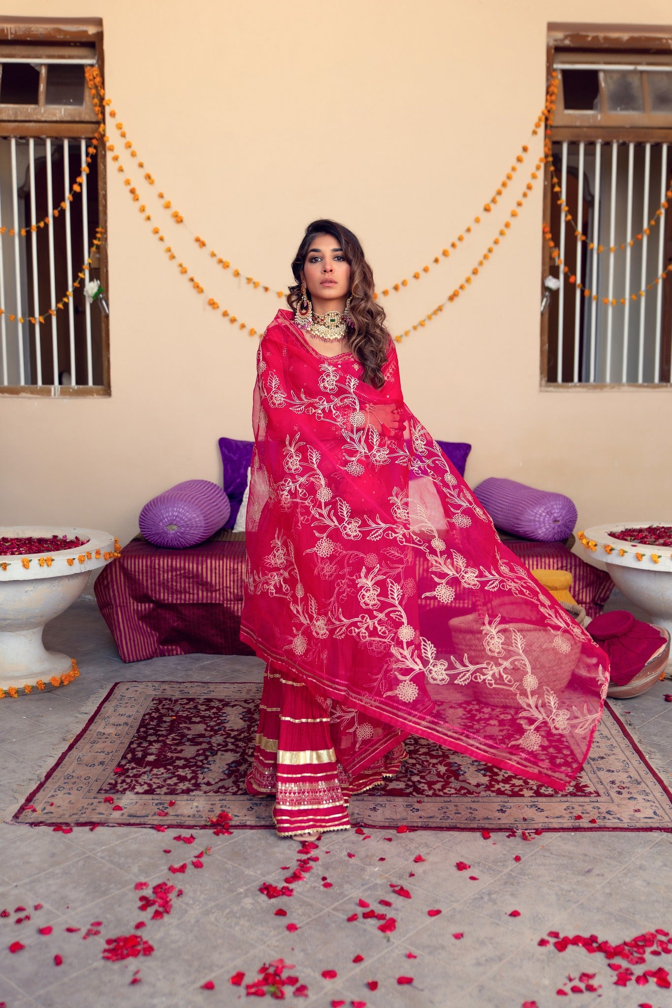 Fuchsia Embroidered Cotton Silk Anarkali Sharara (4-Piece) - Image 6