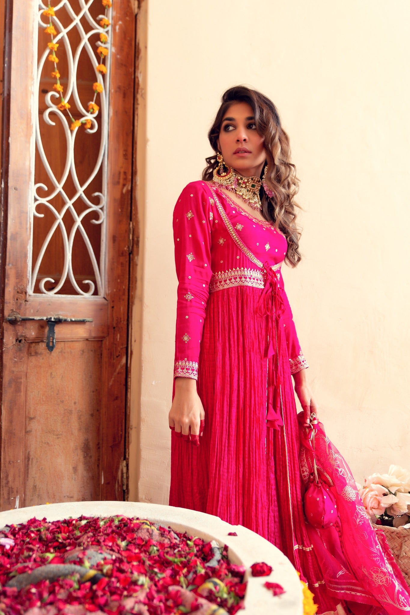 Fuchsia Embroidered Cotton Silk Anarkali Sharara (4-Piece) - Image 8
