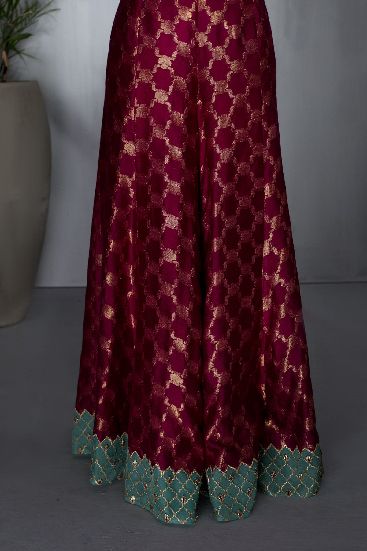 Pakistani Deep Pink Embroidered Jamawar Sharara Pants (1-Pc) - Image 1