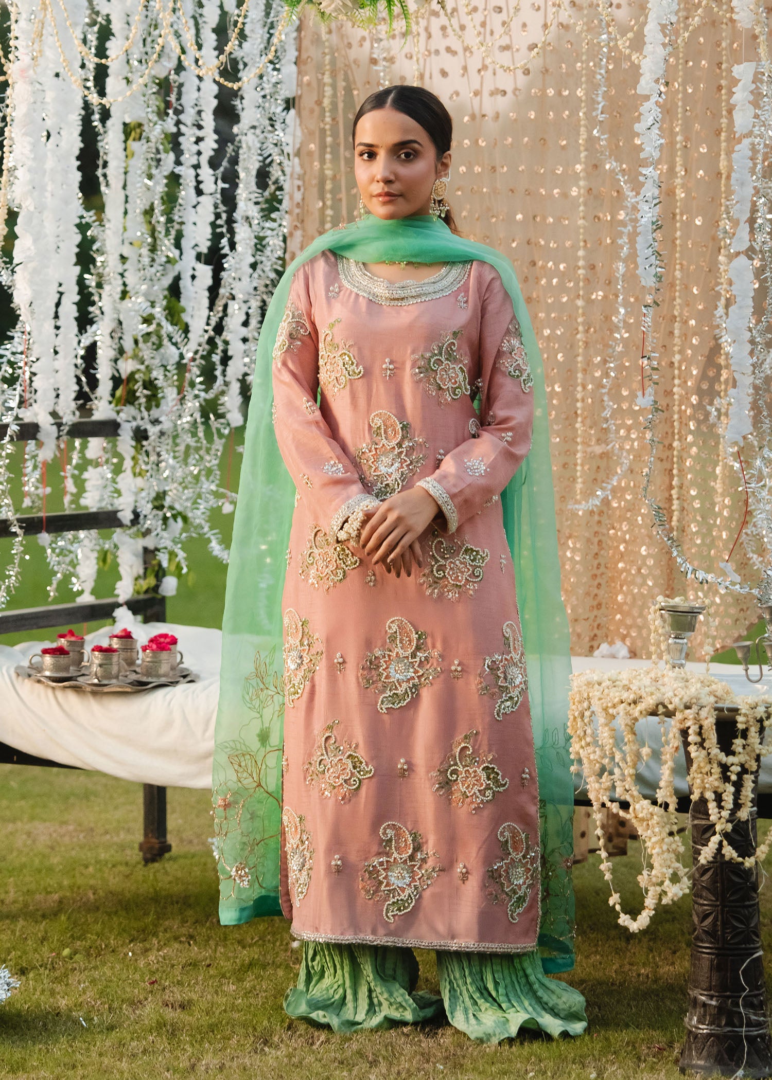 Tea Pink Embroidered Korean Silk Sharara (3-Piece) - Image 1