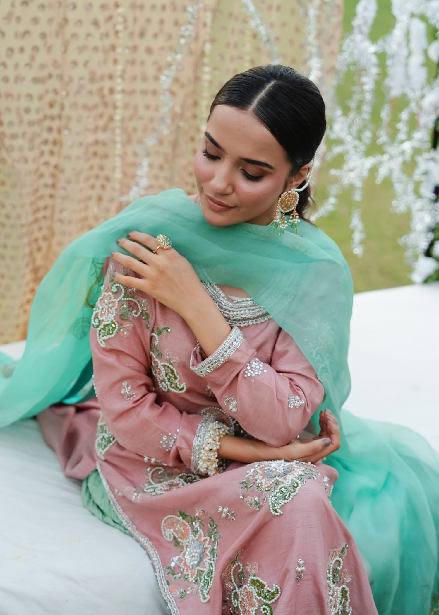 Tea Pink Embroidered Korean Silk Sharara (3-Piece) - Image 2