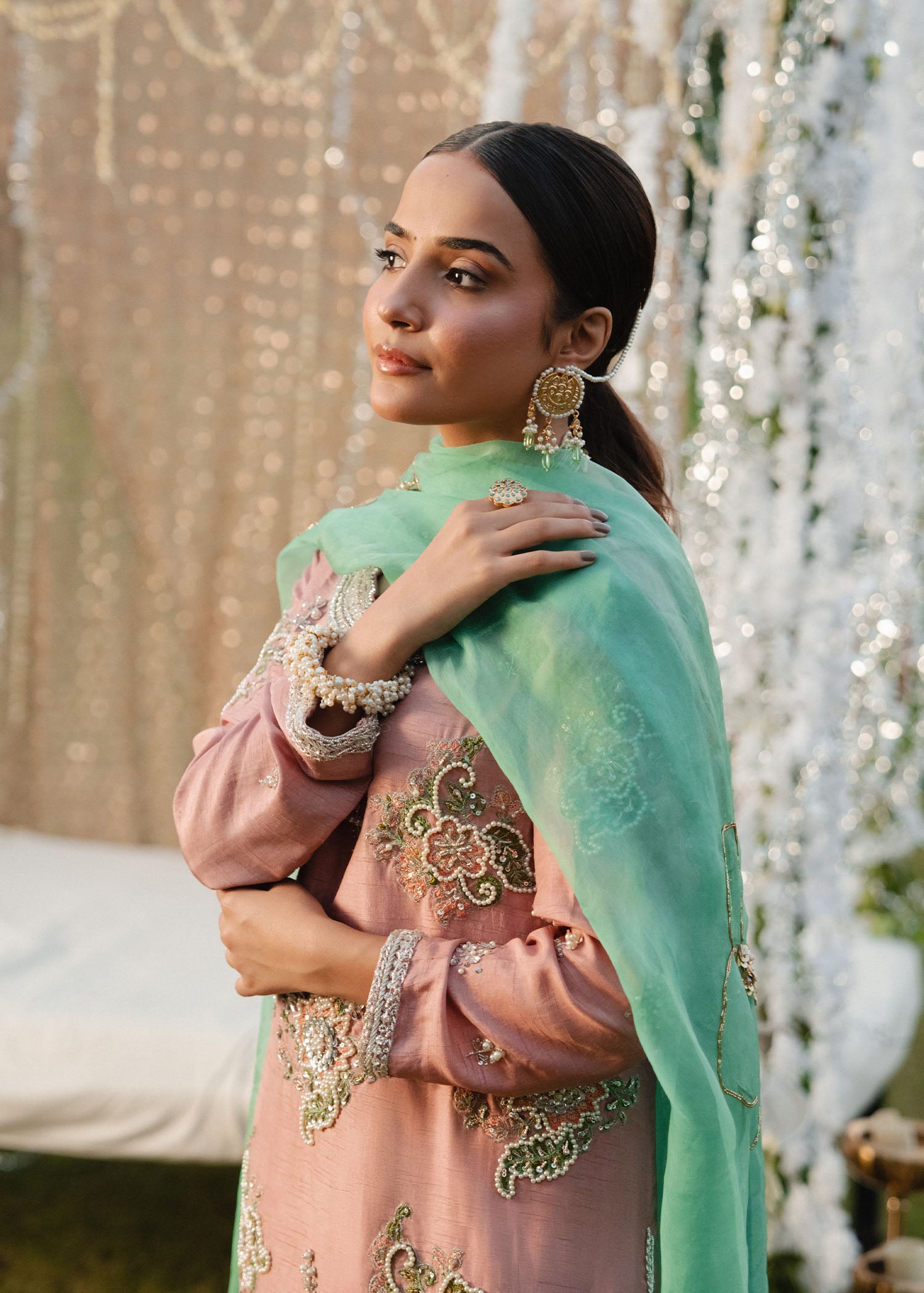 Tea Pink Embroidered Korean Silk Sharara (3-Piece) - Image 3