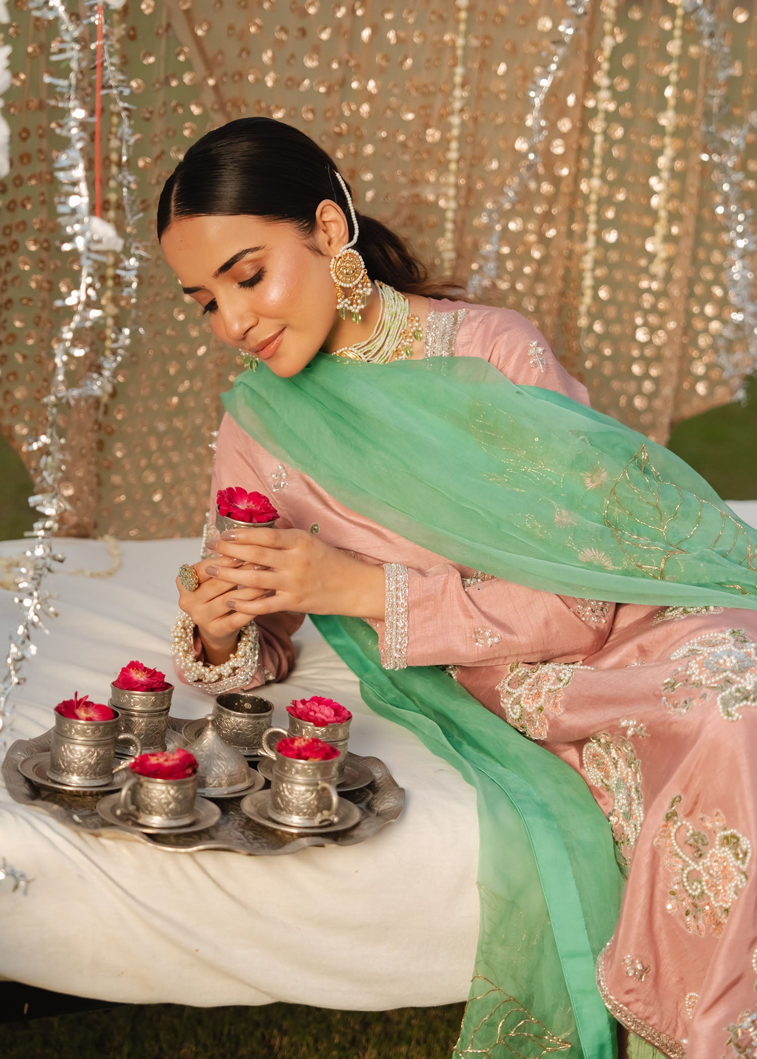 Tea Pink Embroidered Korean Silk Sharara (3-Piece) - Image 4