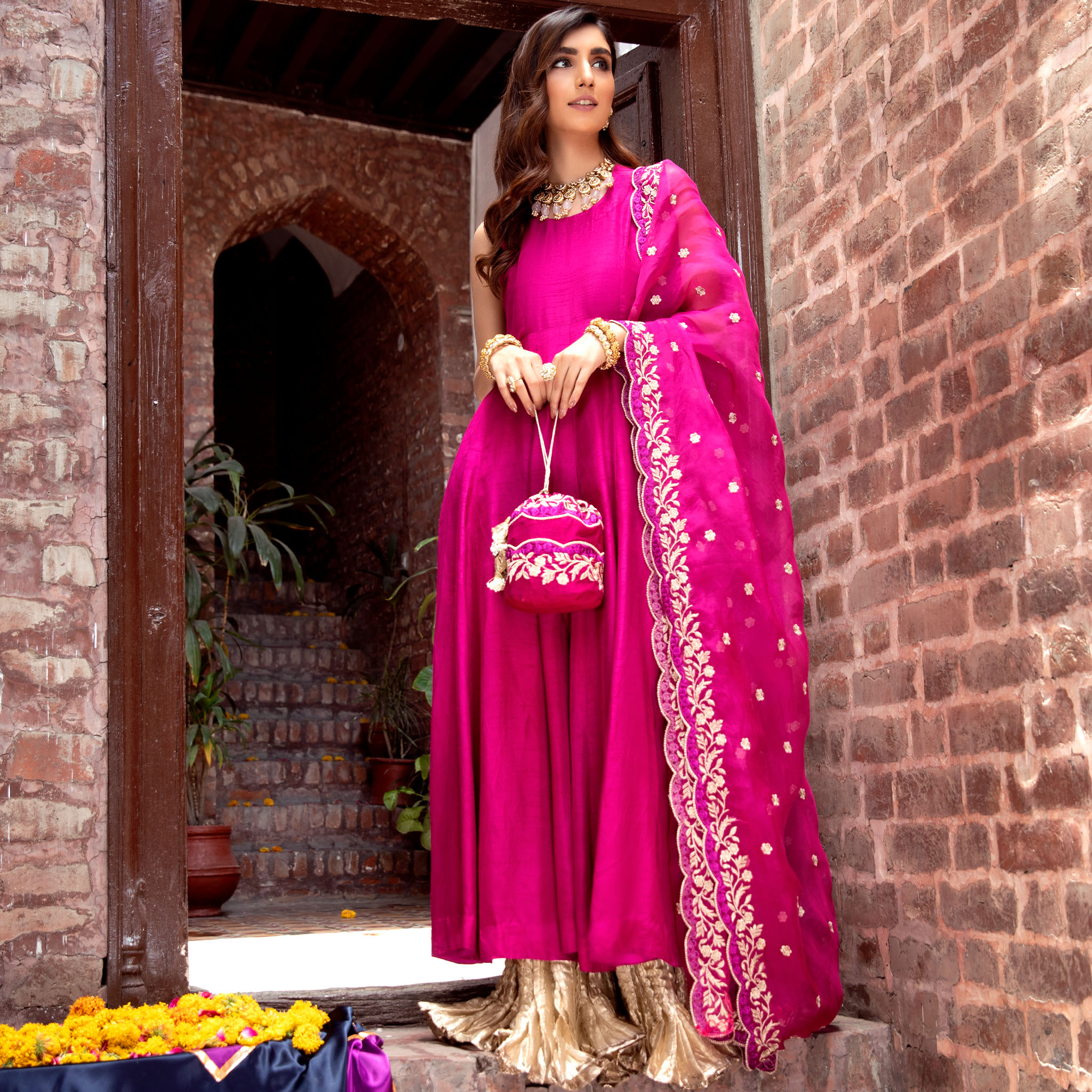 Pakistani Berry Pink Embroidered Korean Silk Kalidar Pishwas (4-Piece) - Image 1