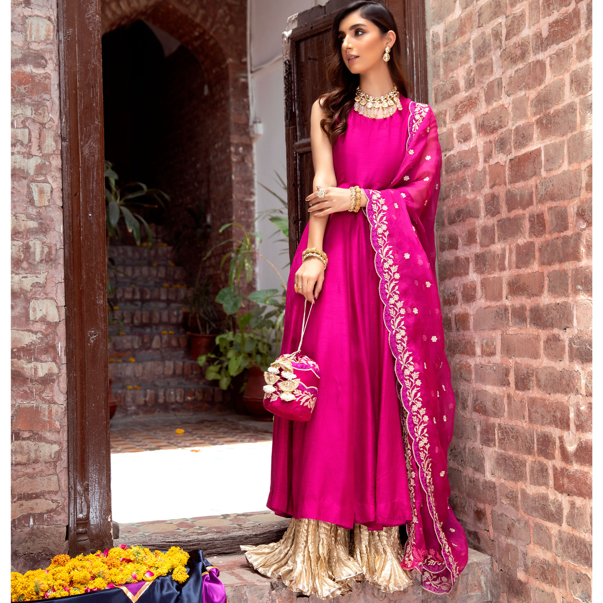 Pakistani Berry Pink Embroidered Korean Silk Kalidar Pishwas (4-Piece) - Image 2