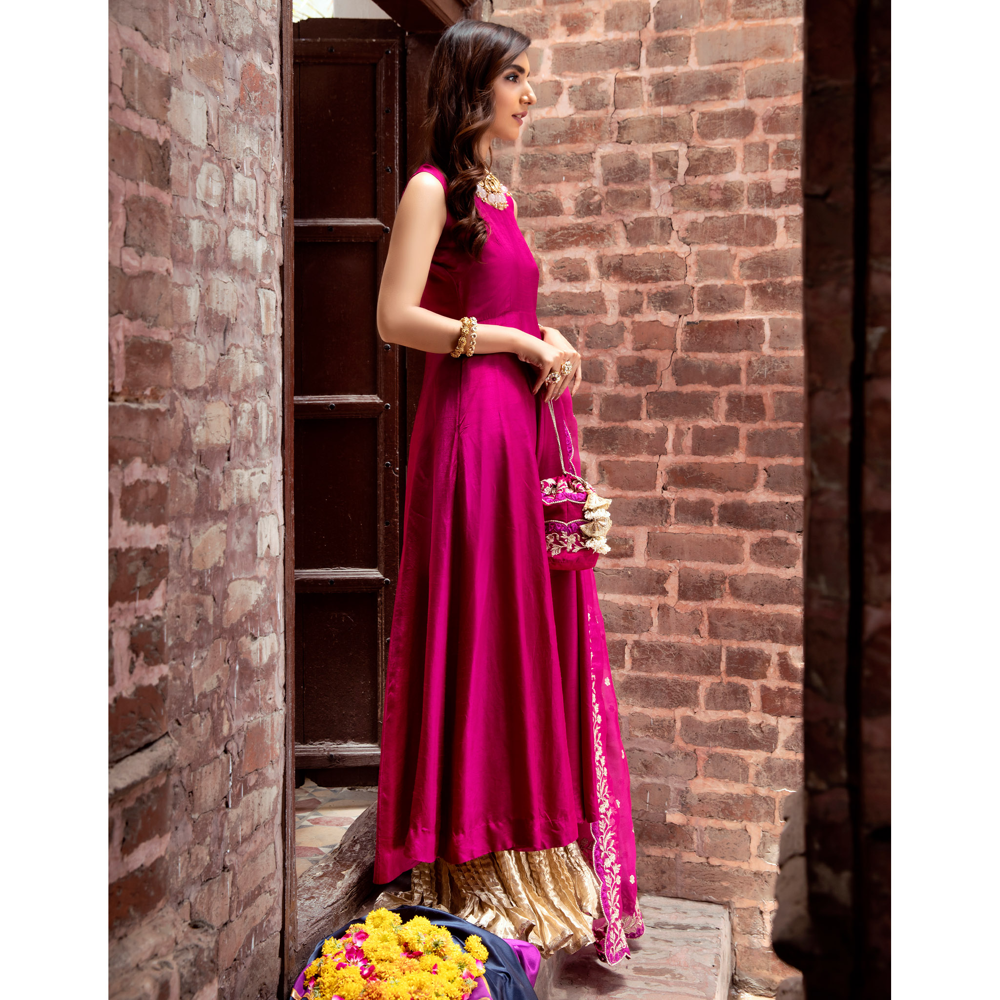 Pakistani Berry Pink Embroidered Korean Silk Kalidar Pishwas (4-Piece) - Image 3