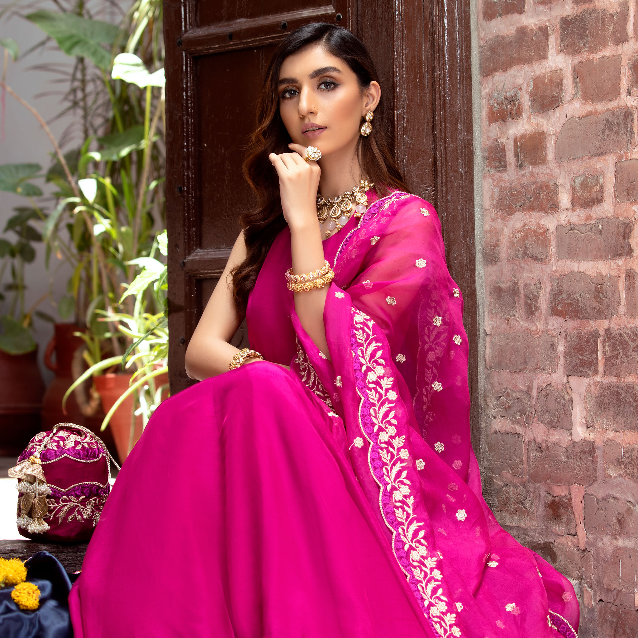 Pakistani Berry Pink Embroidered Korean Silk Kalidar Pishwas (4-Piece) - Image 5