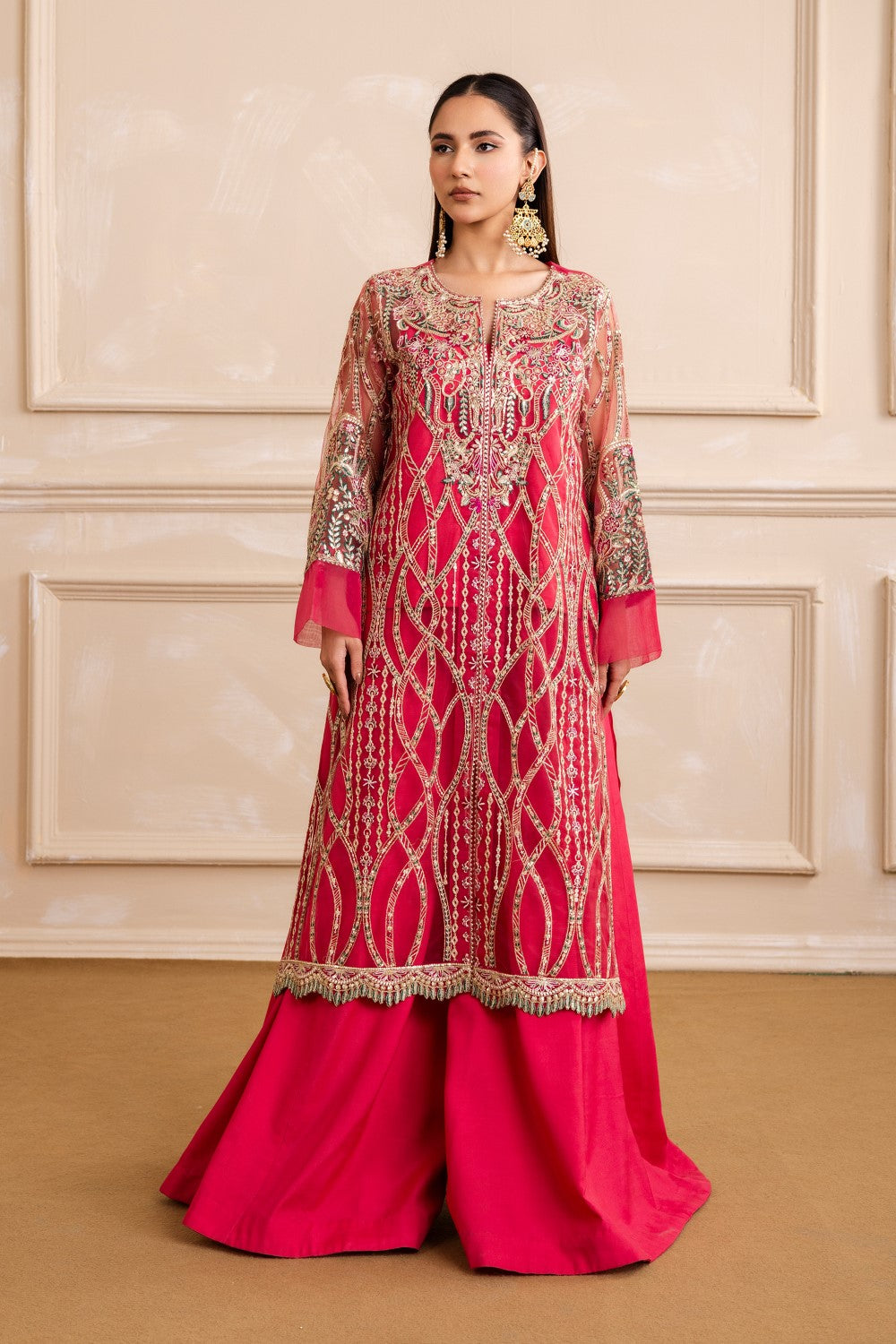 Pink Punch Embroidered Net & Grip Sharara (2-Piece) - Image 1