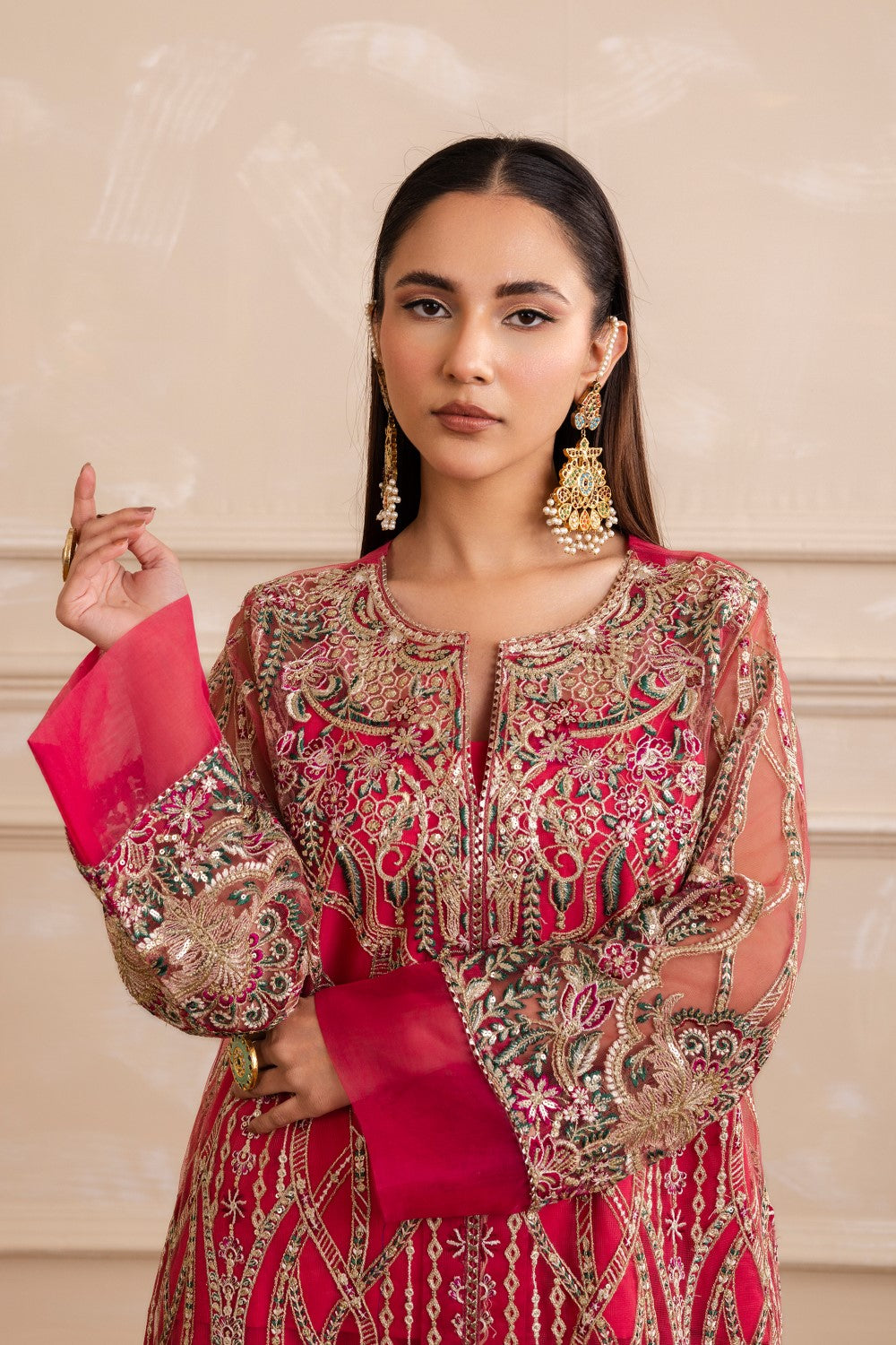 Pink Punch Embroidered Net & Grip Sharara (2-Piece) - Image 2