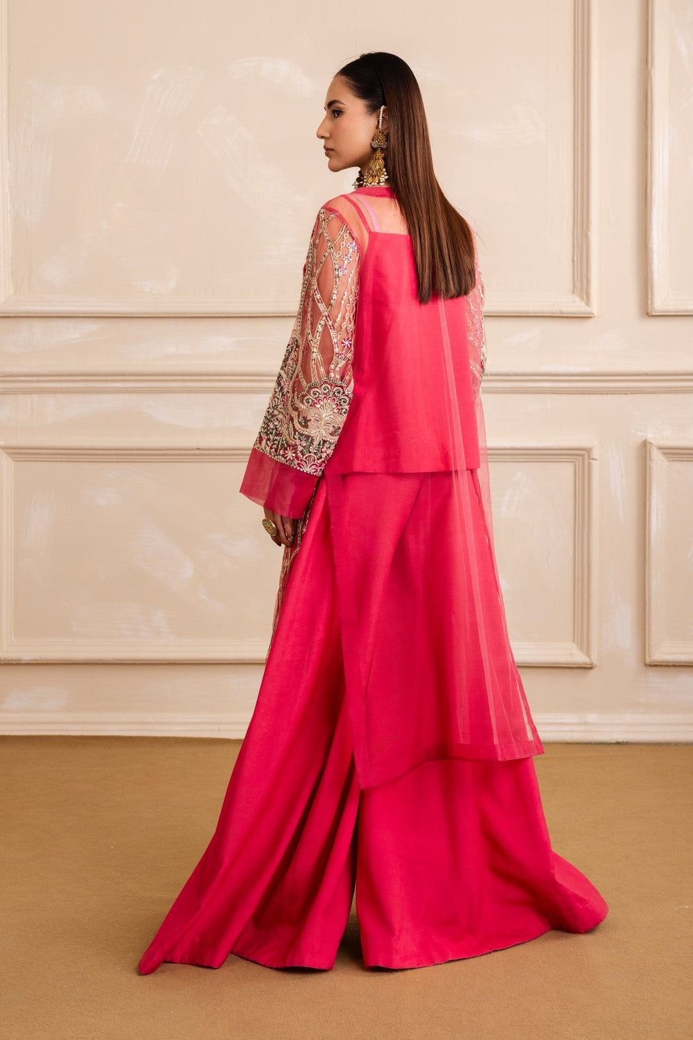 Pink Punch Embroidered Net & Grip Sharara (2-Piece) - Image 3