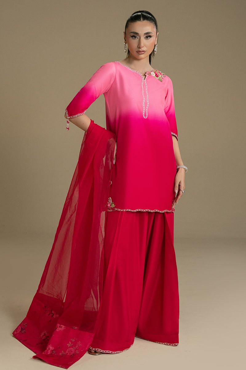 Pakistani Pink Ombre Embroidered Organza Sharara Set (3-Piece) - Image 2