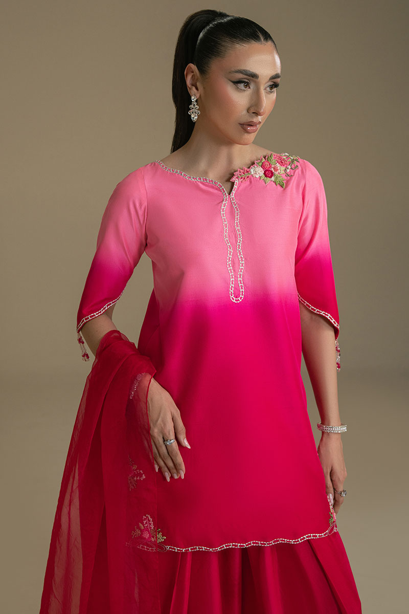 Pakistani Pink Ombre Embroidered Organza Sharara Set (3-Piece) - Image 3